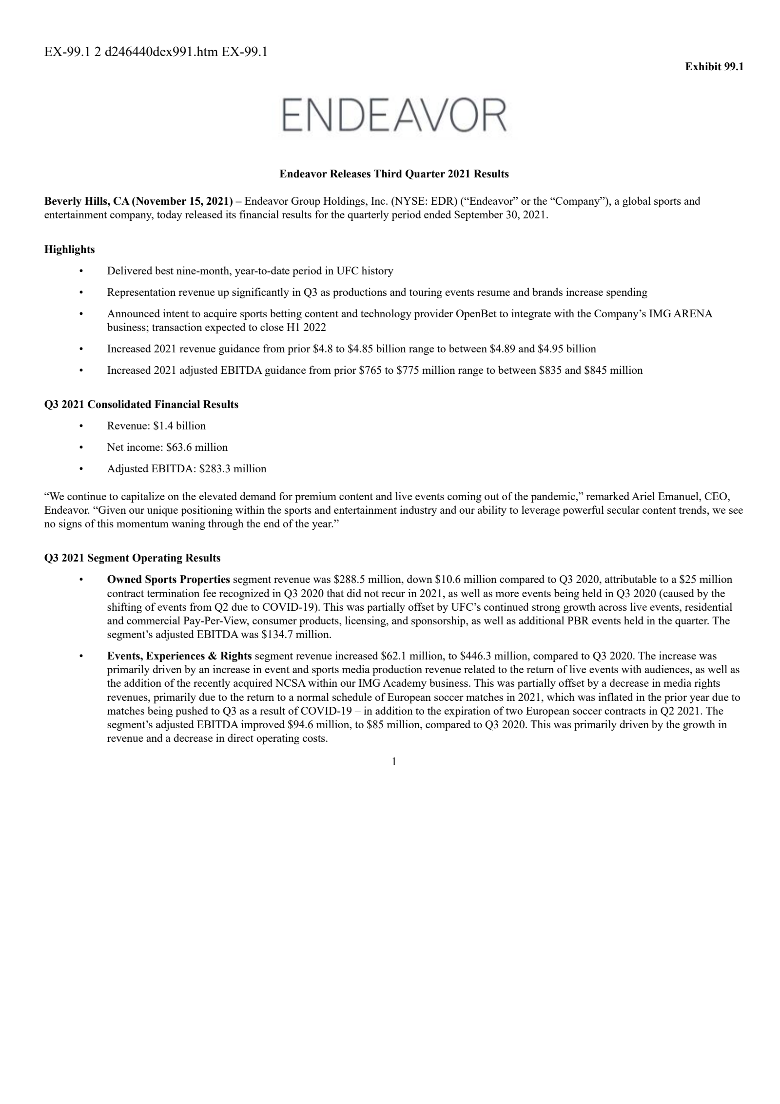 Endeavor Group's Q3 2021 Press Release