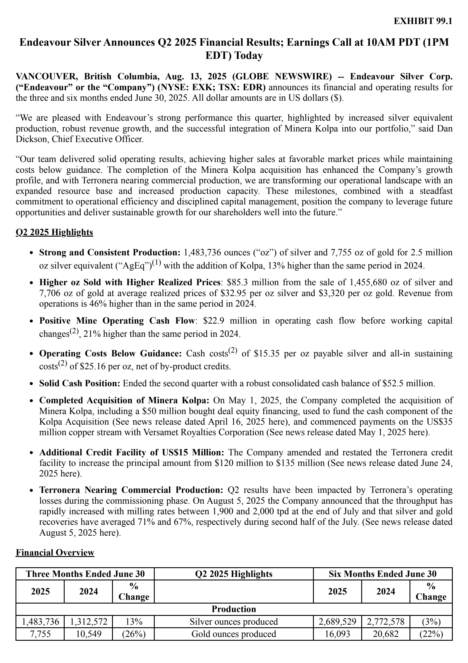 Endeavour Silver's Q2 2025 Press Release
