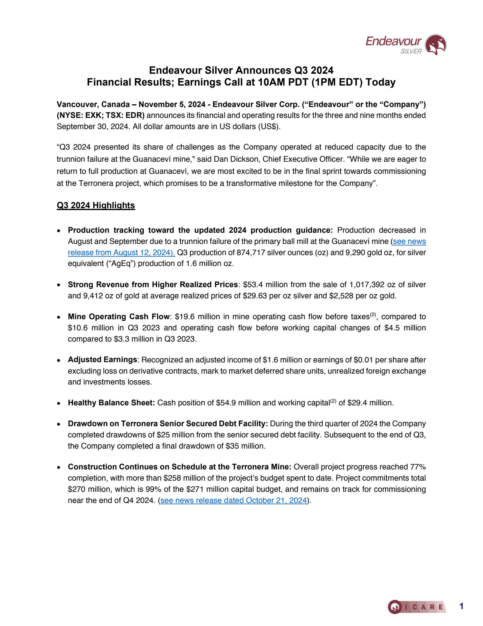 Endeavour Silver's Q3 2024 Press Release