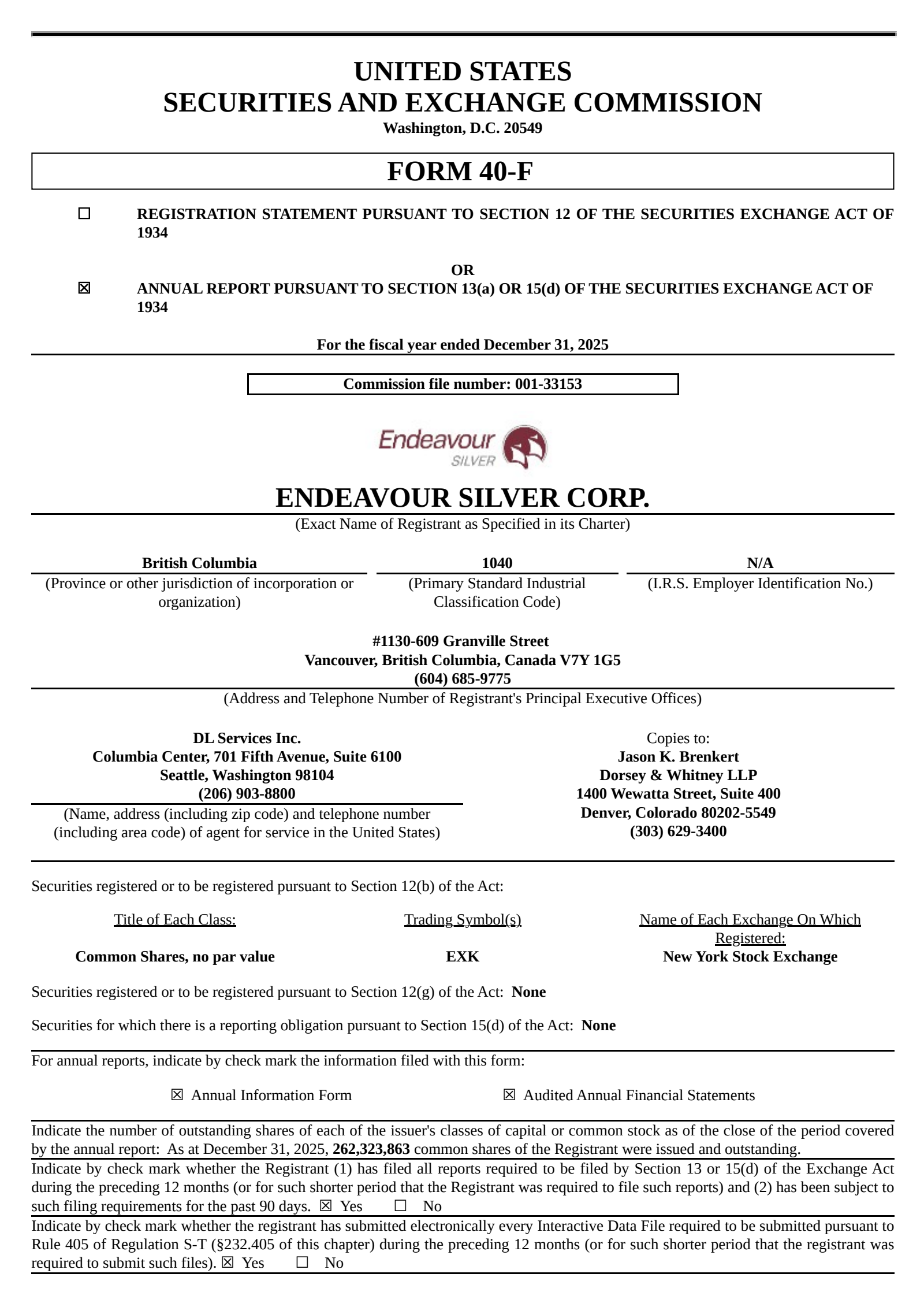 Endeavour Silver's Q4 2025 Annual report