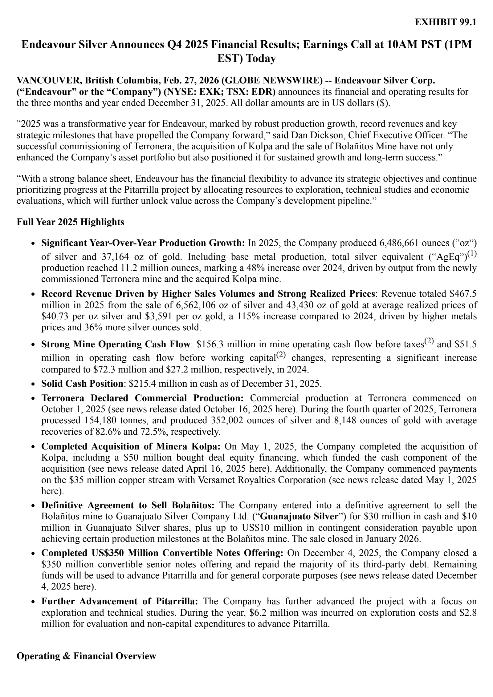 Endeavour Silver's Q4 2025 Press Release