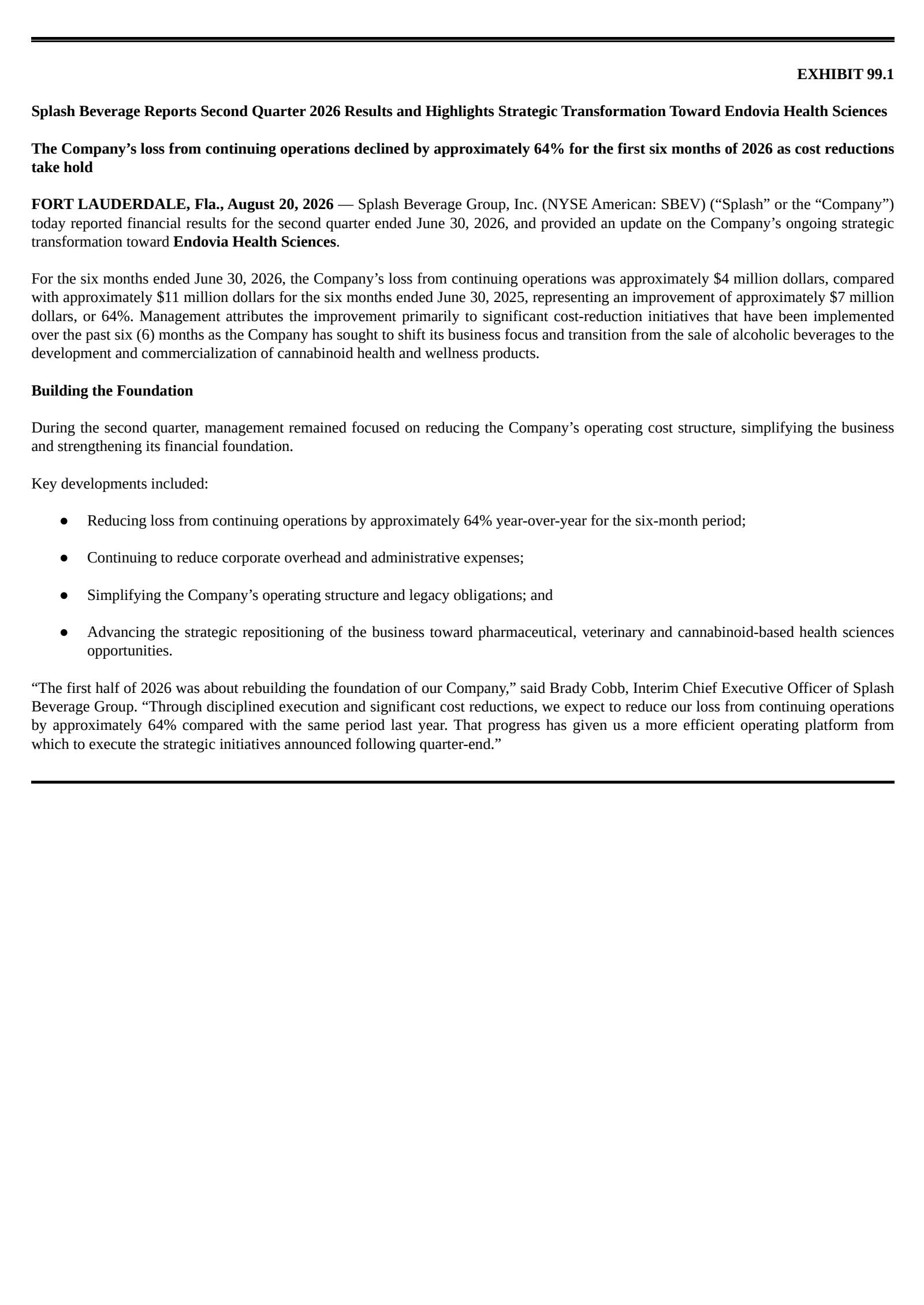 Splash Beverage Group's Q2 2026 Press Release