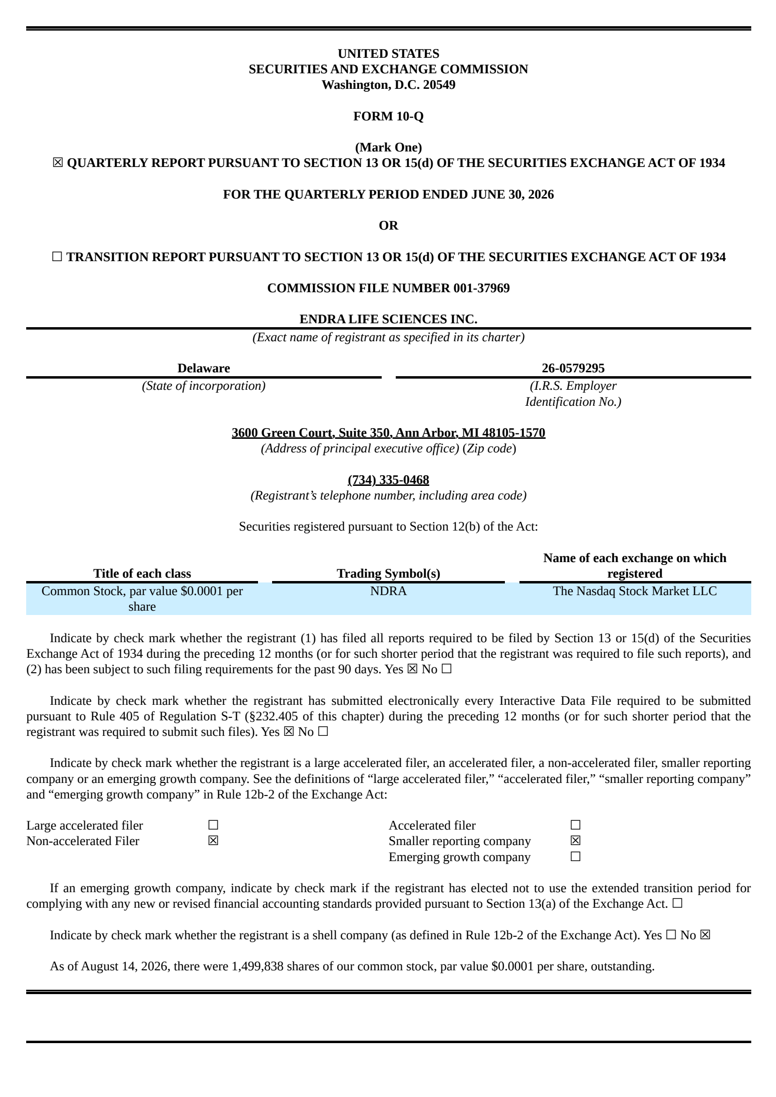 ENDRA Life Sciences' Q2 2026 Quarterly report