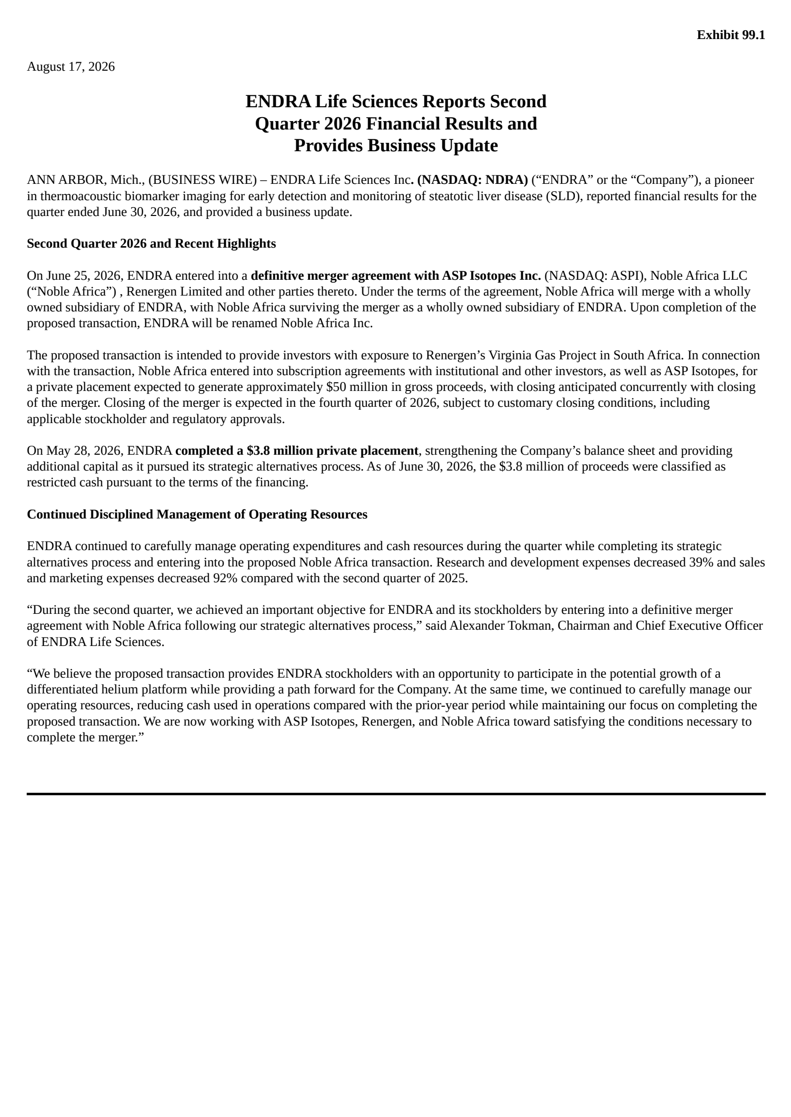 ENDRA Life Sciences' Q2 2026 Press Release
