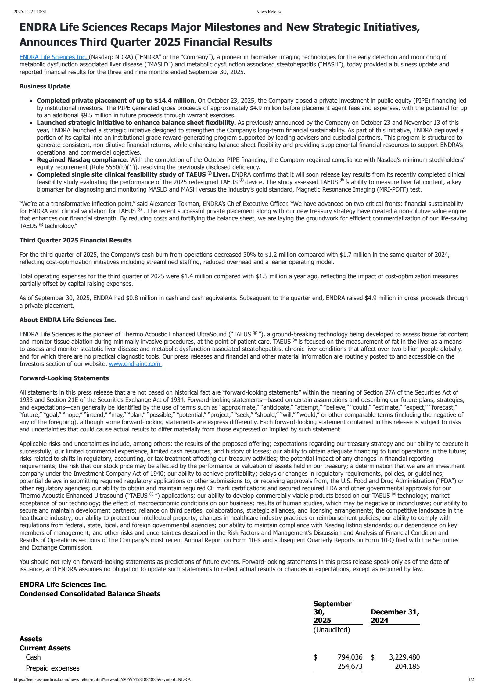 ENDRA Life Sciences' Q3 2025 Earnings Release