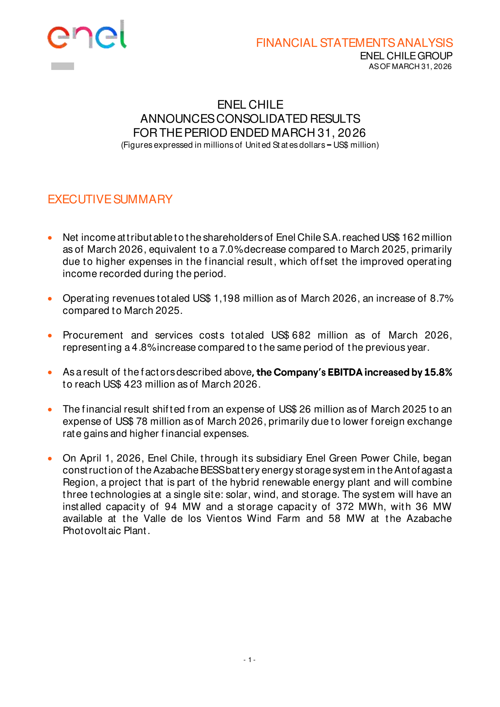 Enel Chile's Q1 2026 Press Release