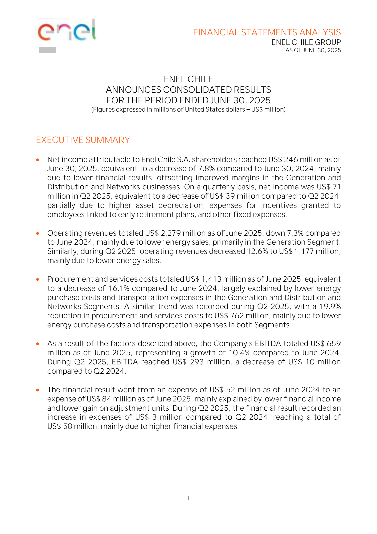 Enel Chile's Q2 2025 Press Release