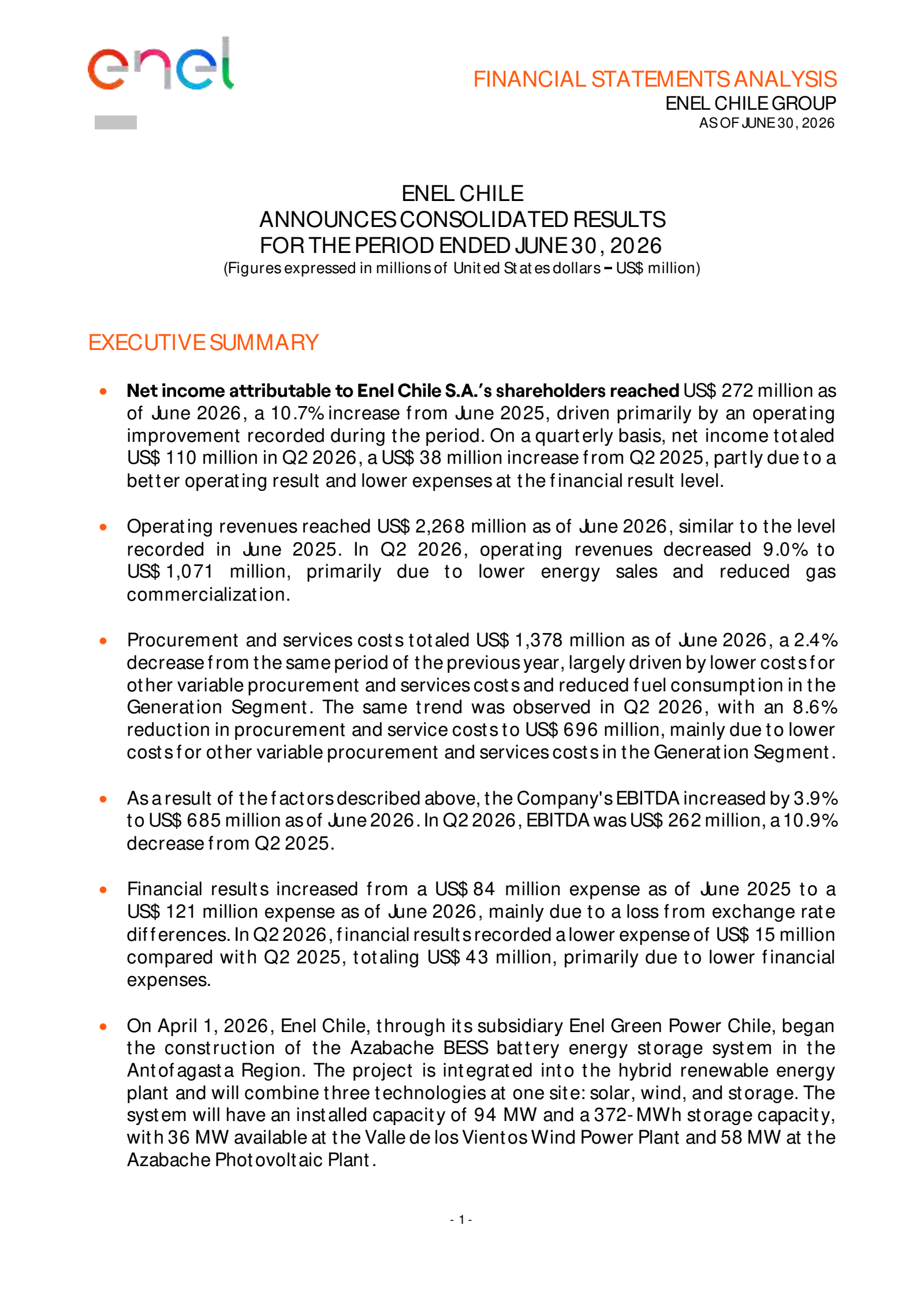 Enel Chile's Q2 2026 Press Release