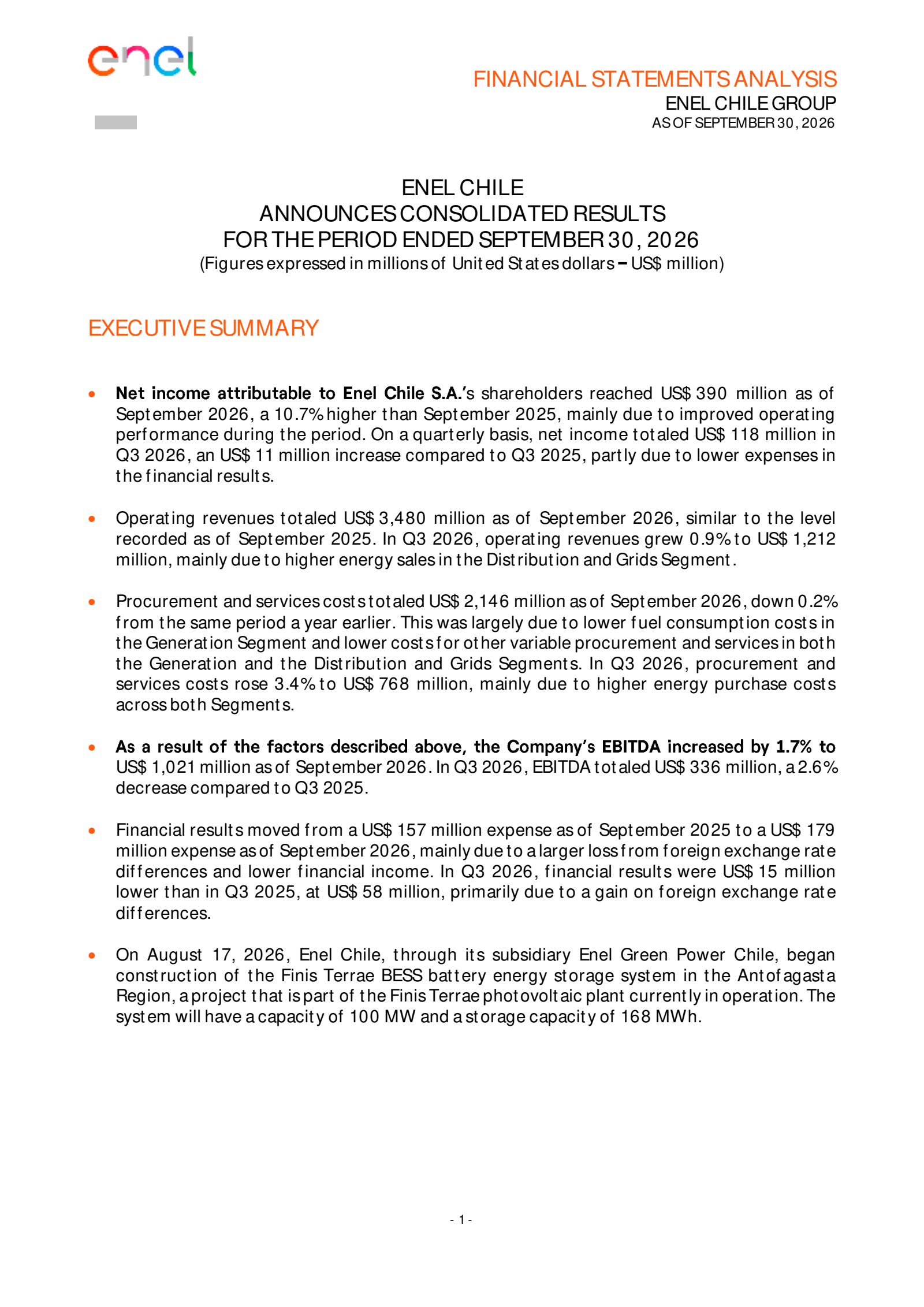 Enel Chile's Q3 2026 Press Release