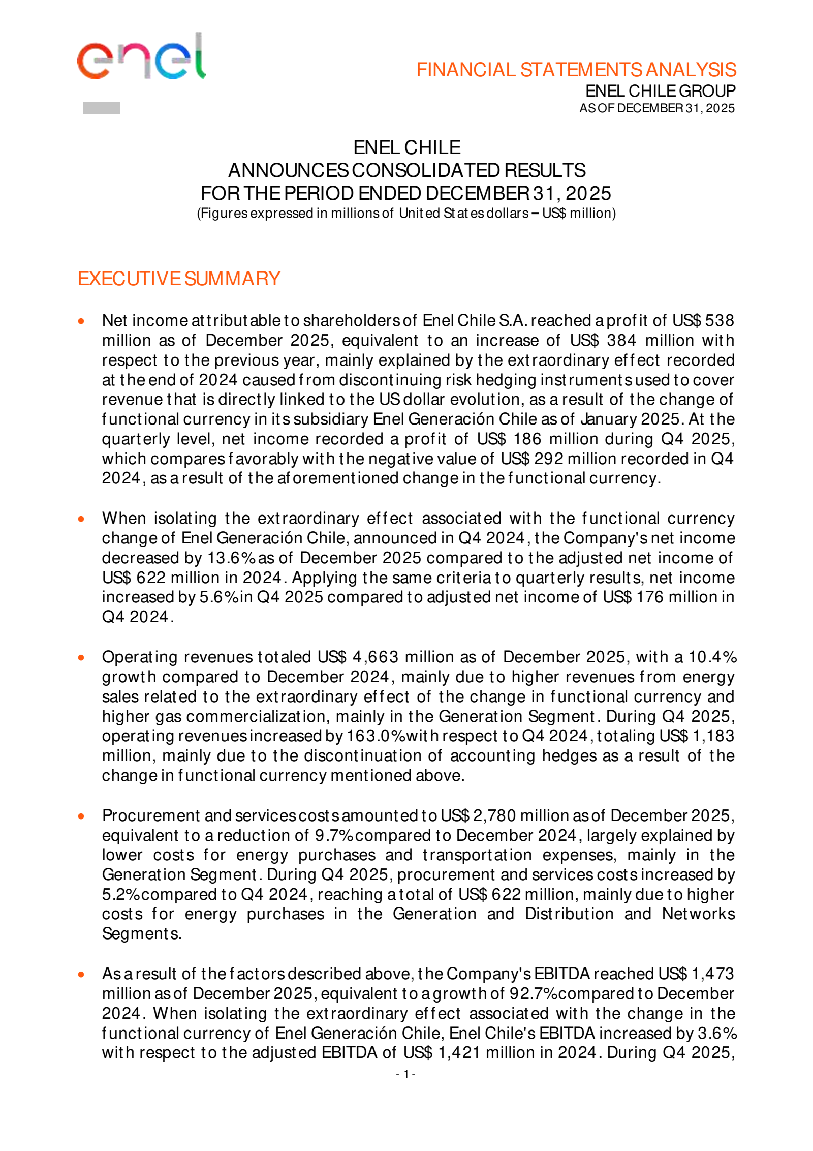 Enel Chile's Q4 2025 Press Release