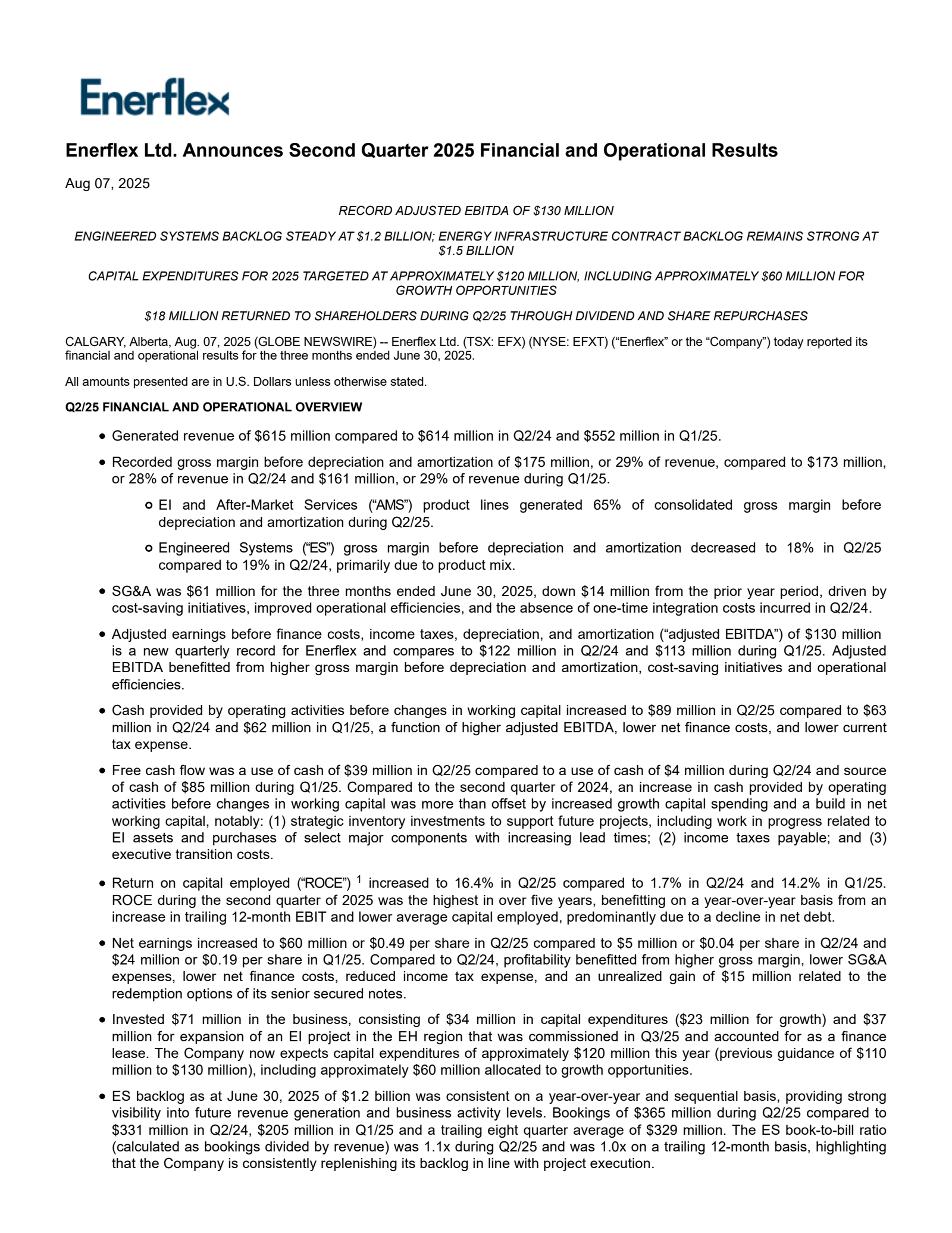 Enerflex's Q2 2025 Press Release
