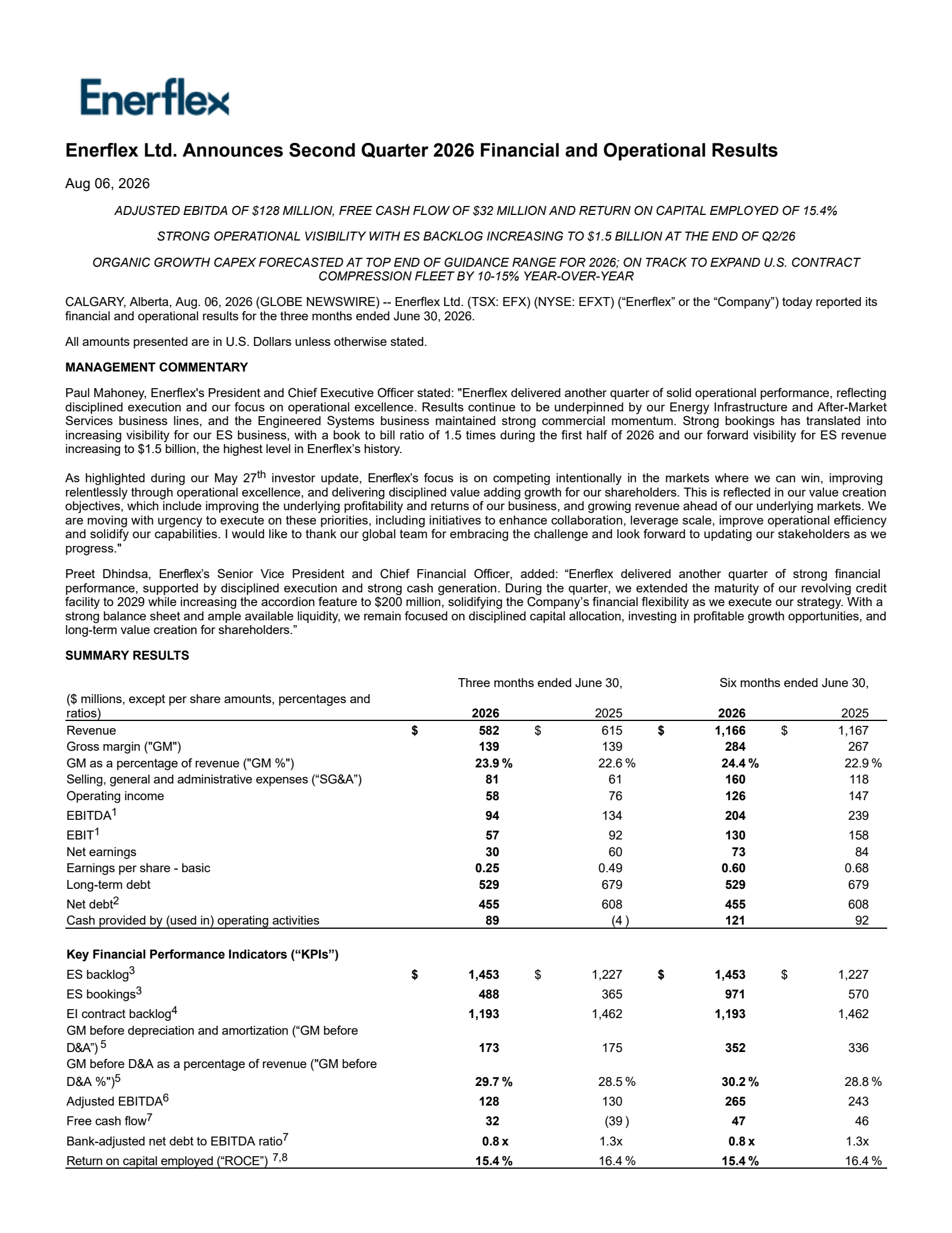 Enerflex's Q2 2026 Press Release