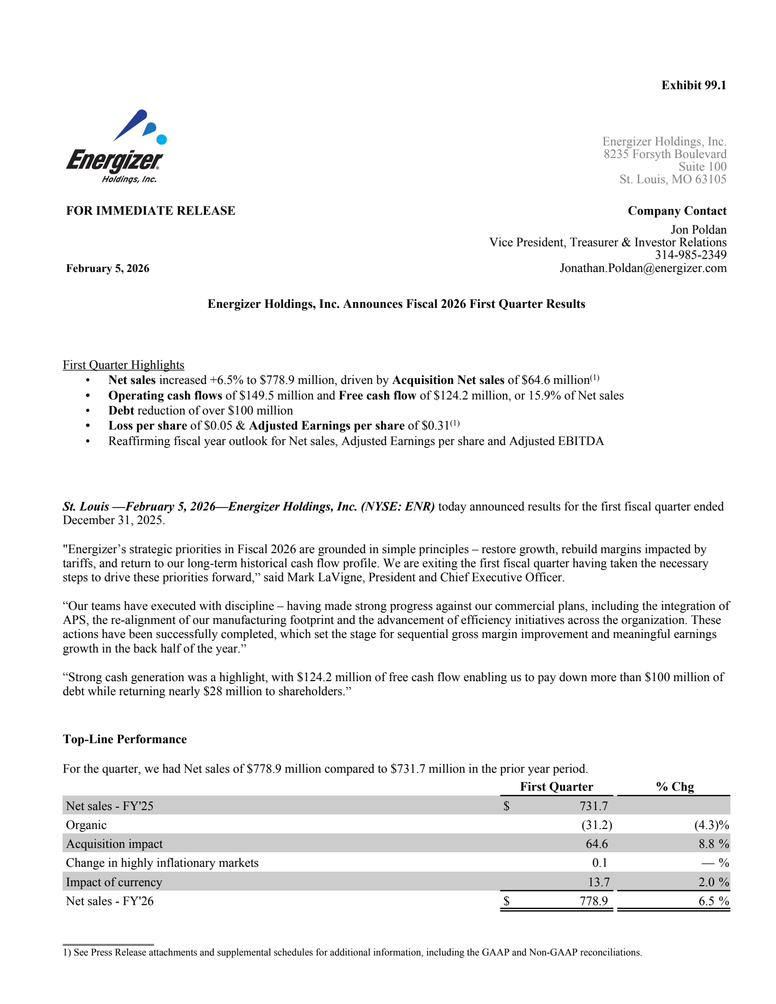Energizer's Q1 2026 Press Release