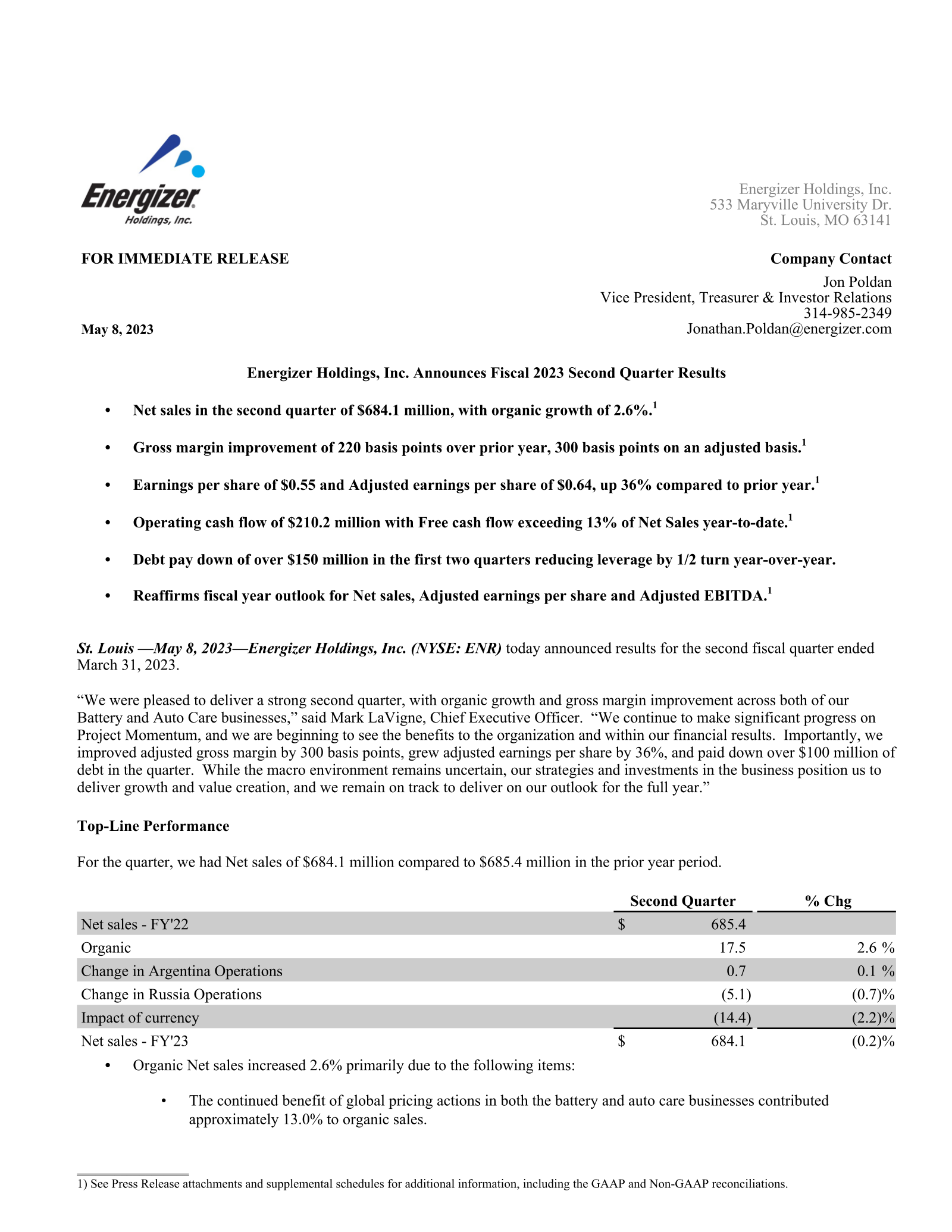 Energizer's Q2 2023 Press Release