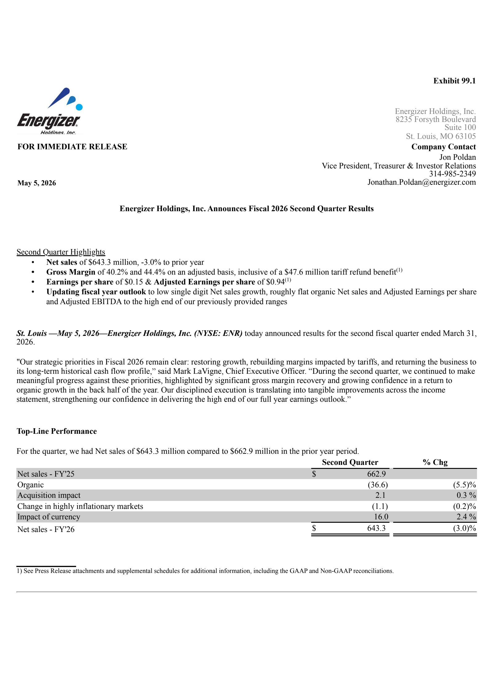Energizer's Q2 2026 Press Release