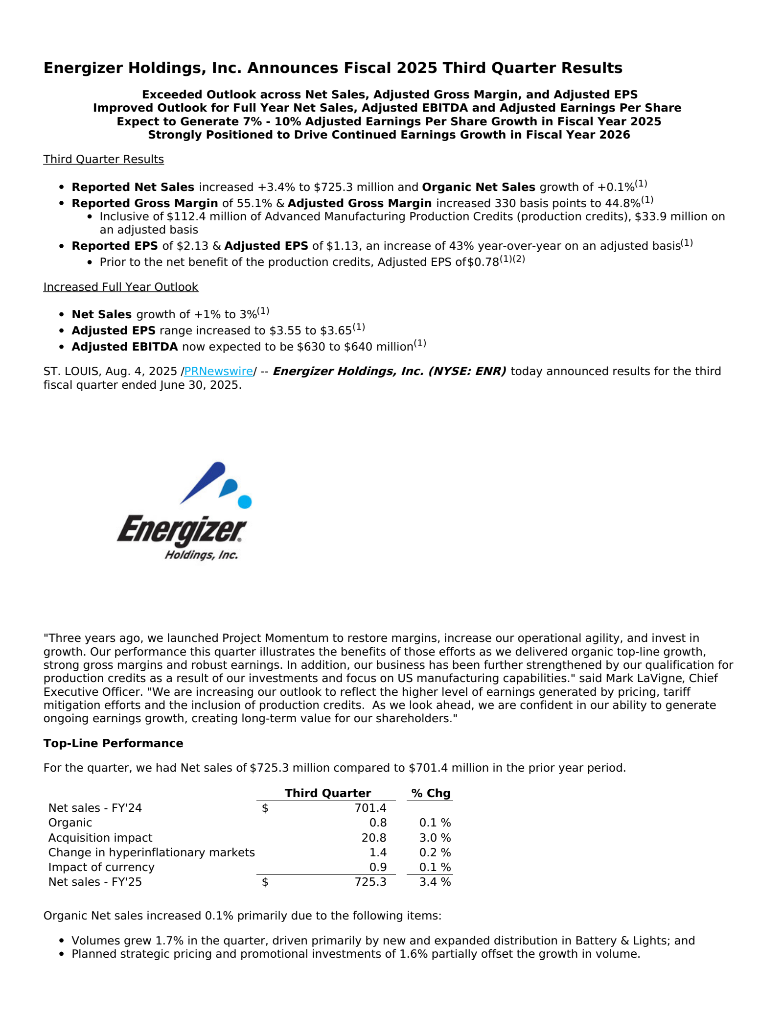 Energizer's Q3 2025 Press Release