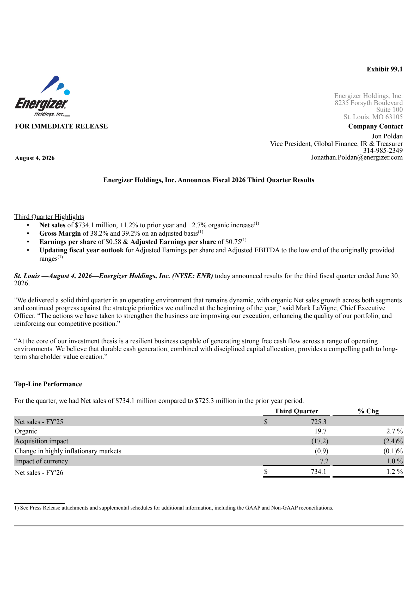 Energizer's Q3 2026 Press Release
