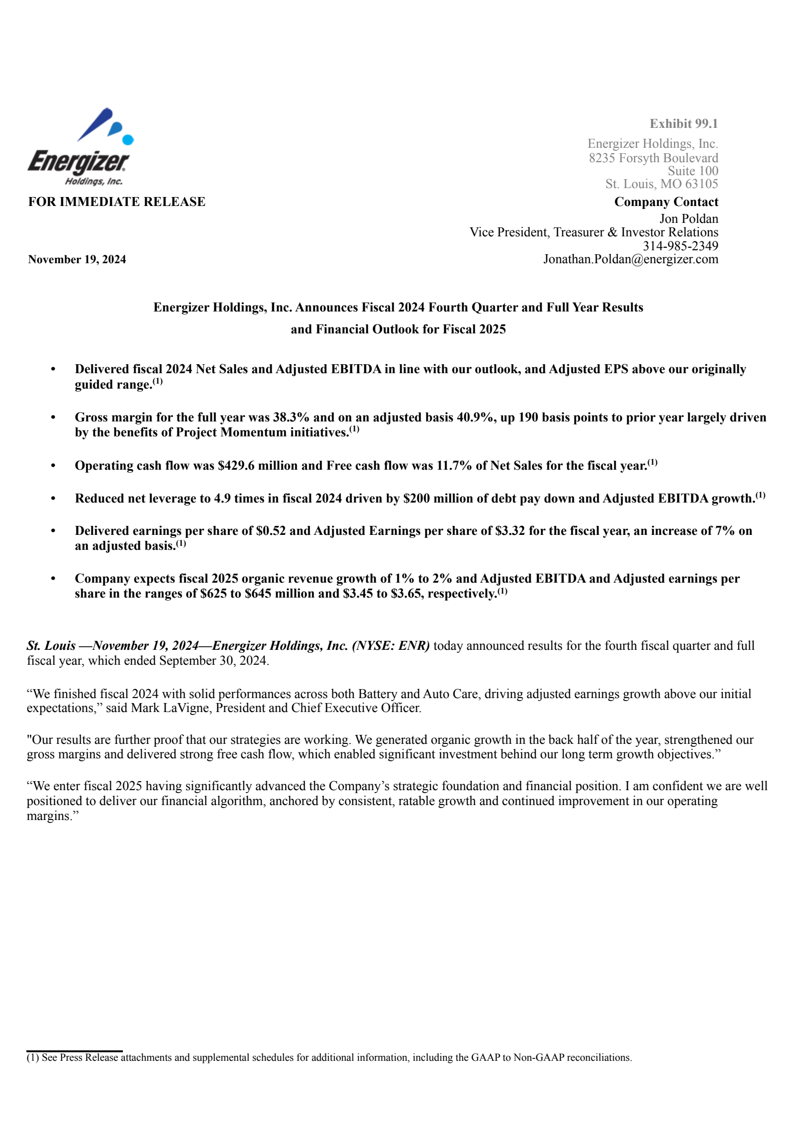 Energizer's Q4 2024 Press Release