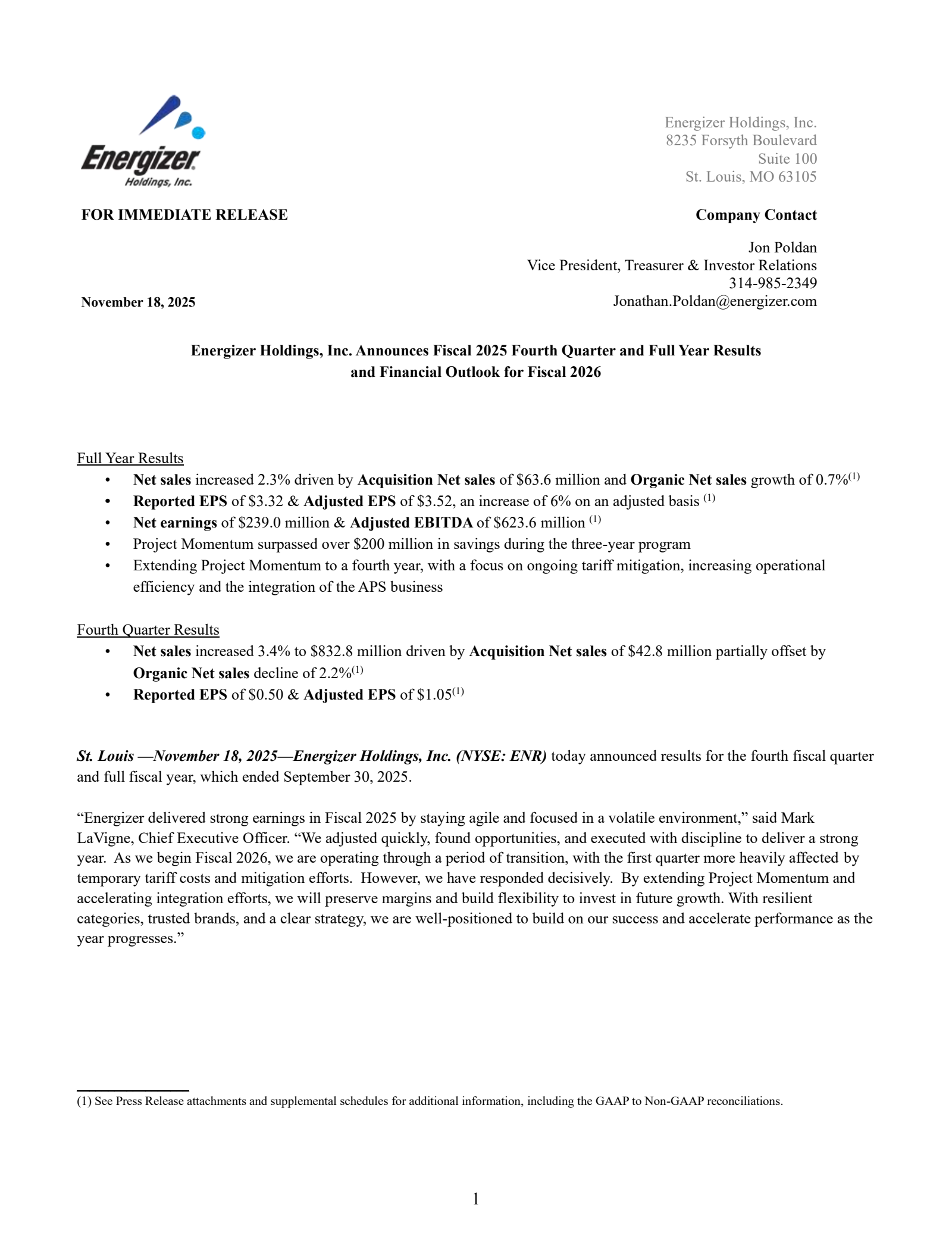 Energizer's Q4 2025 Earnings Release