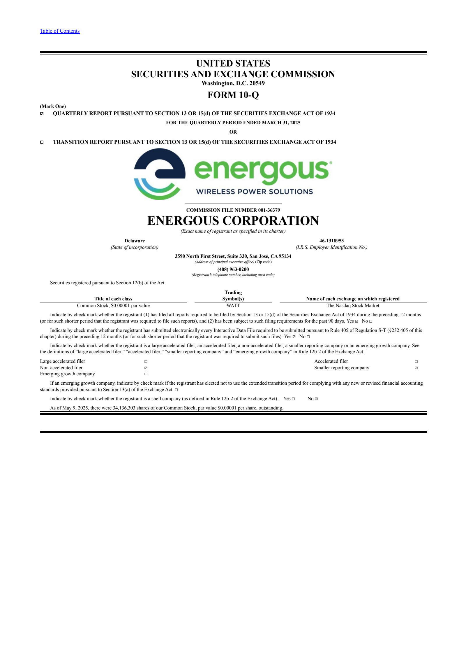 Energous' Q1 2025 Quarterly report