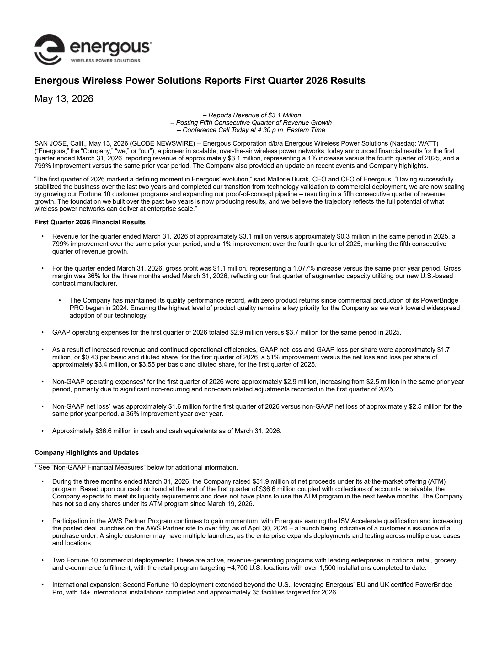 Energous' Q1 2026 Press Release