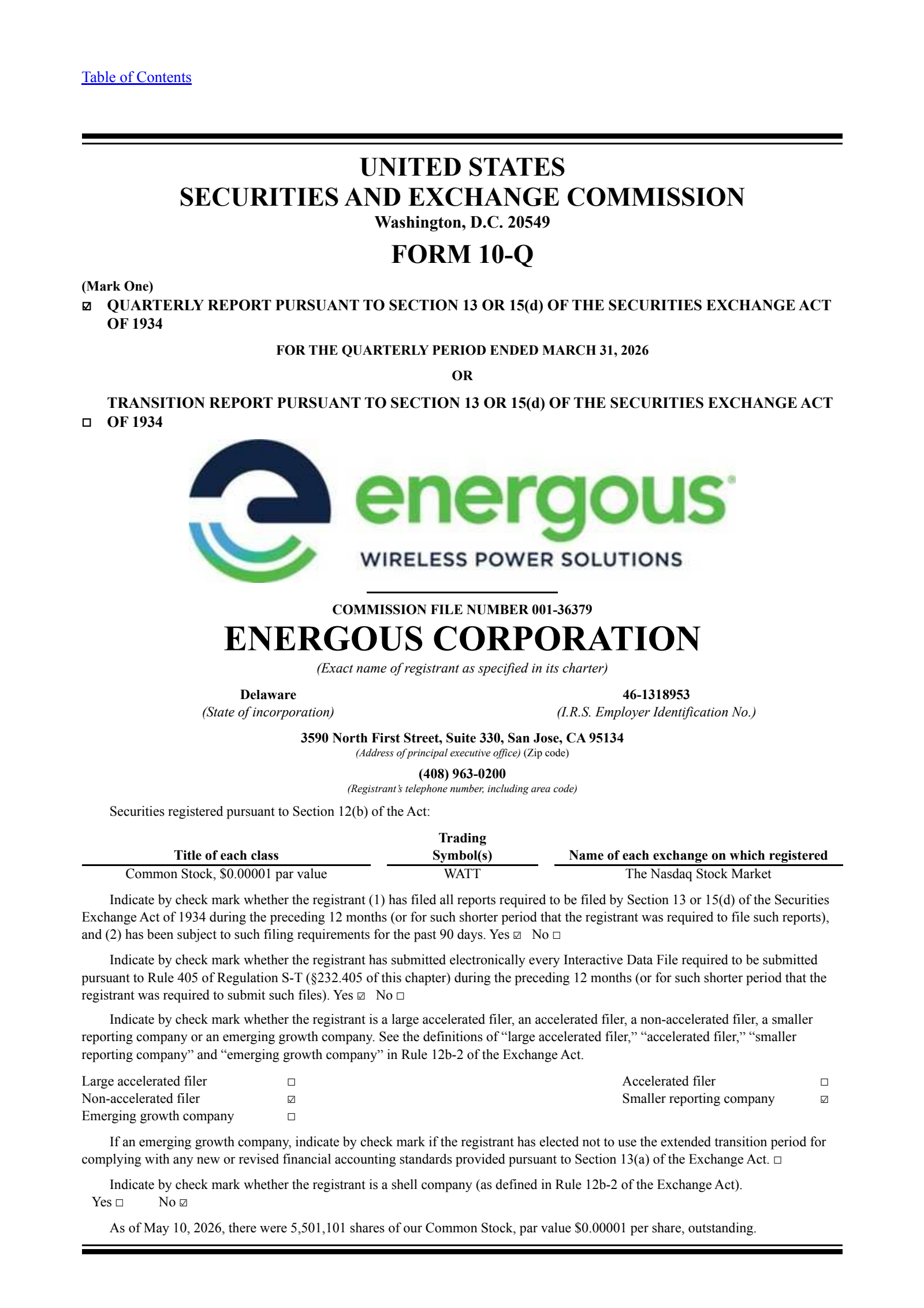 Energous' Q1 2026 Quarterly report