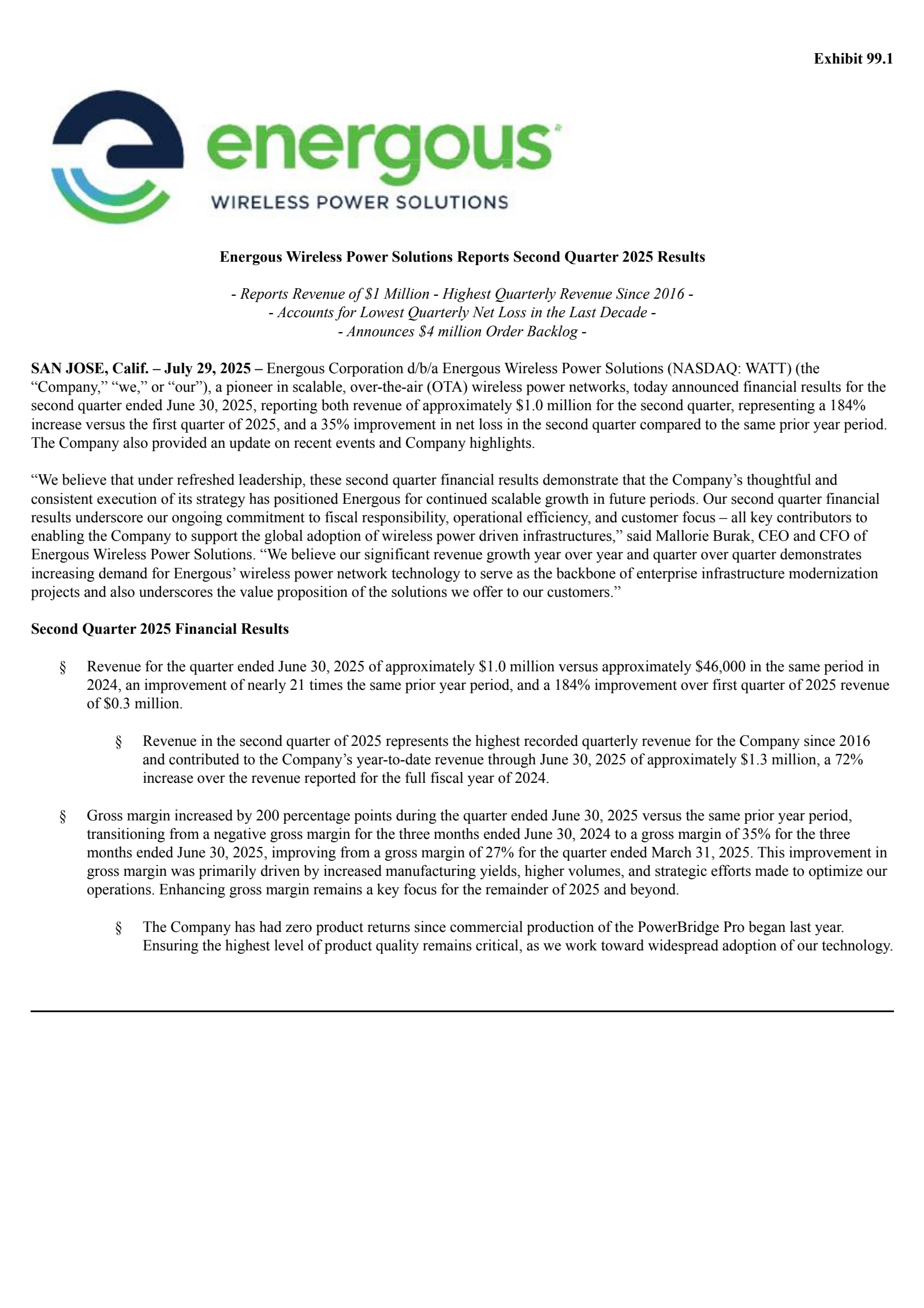 Energous' Q2 2025 Press Release