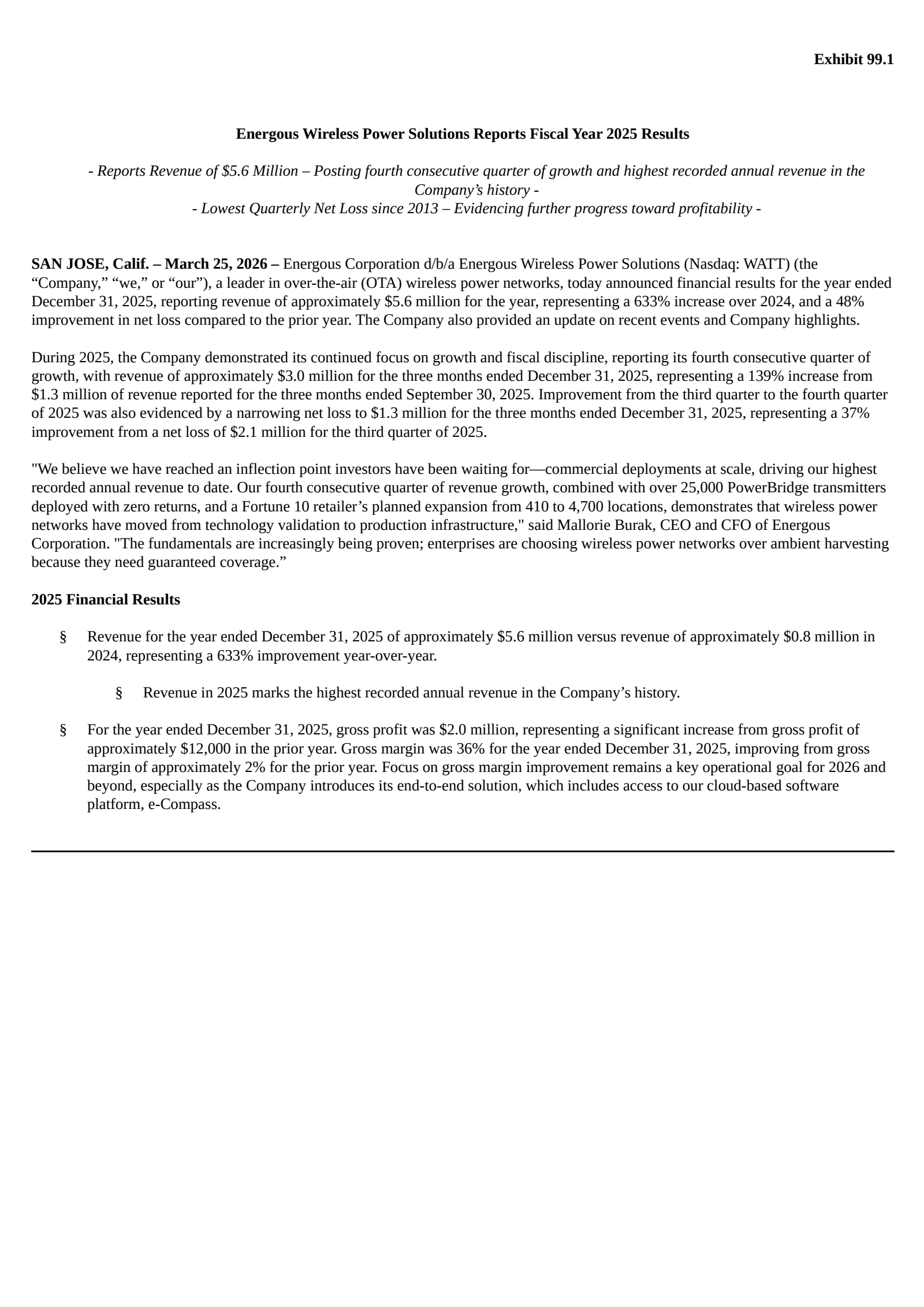 Energous' Q4 2025 Press Release