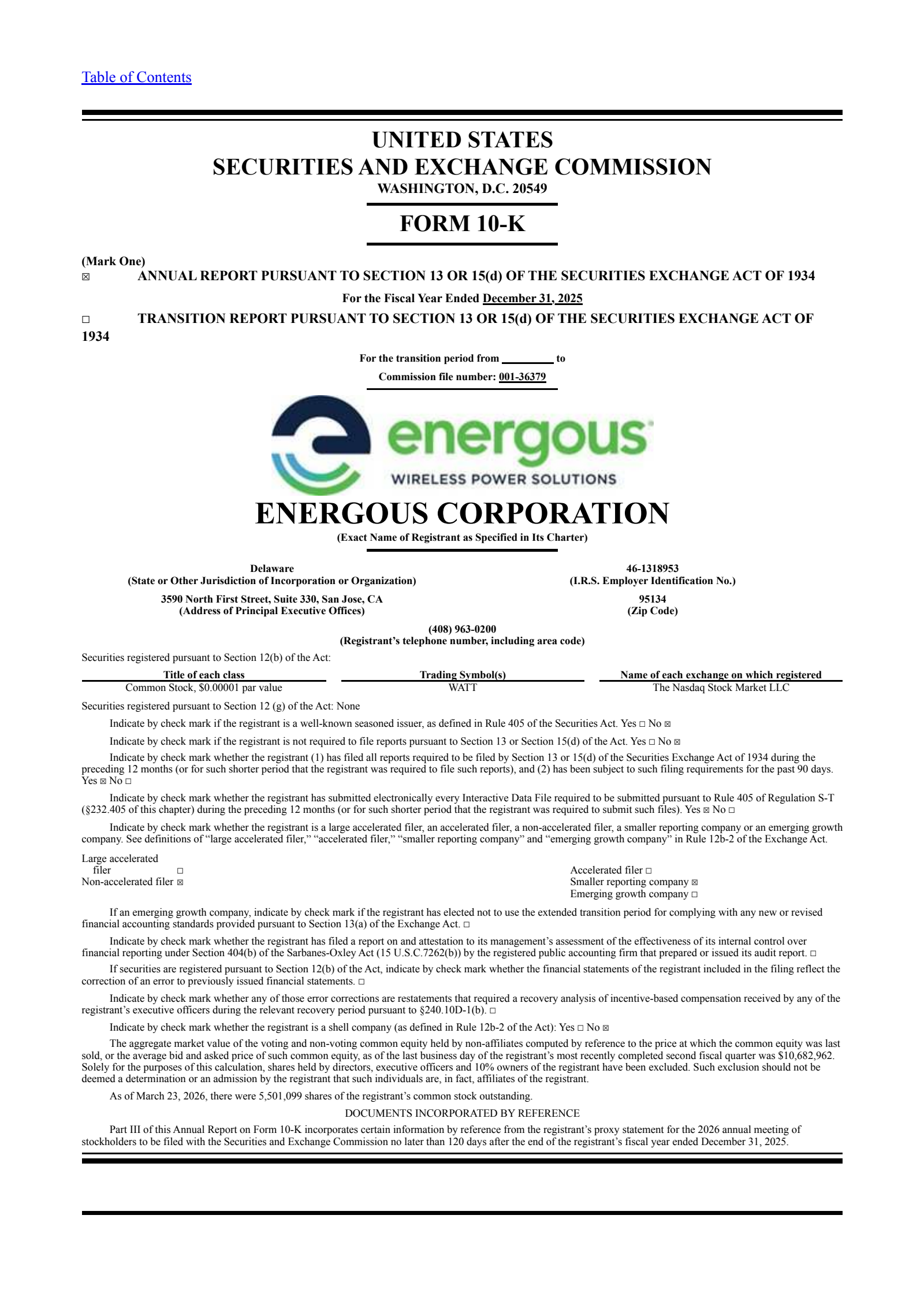 Energous' Q4 2025 Annual report