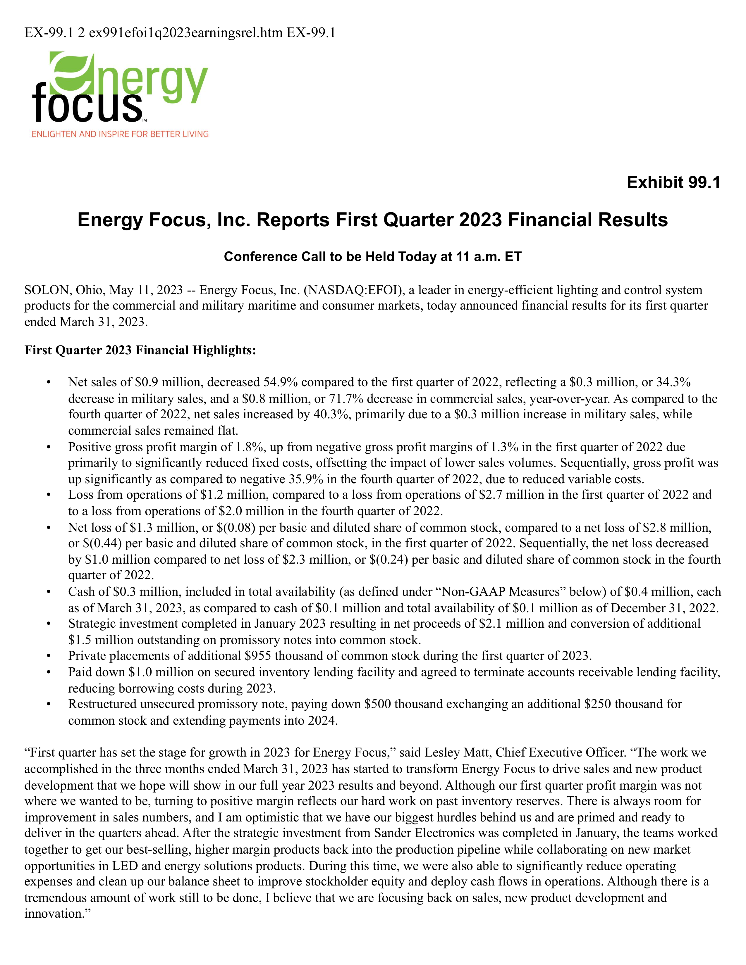Energy Focus' Q1 2023 Press Release