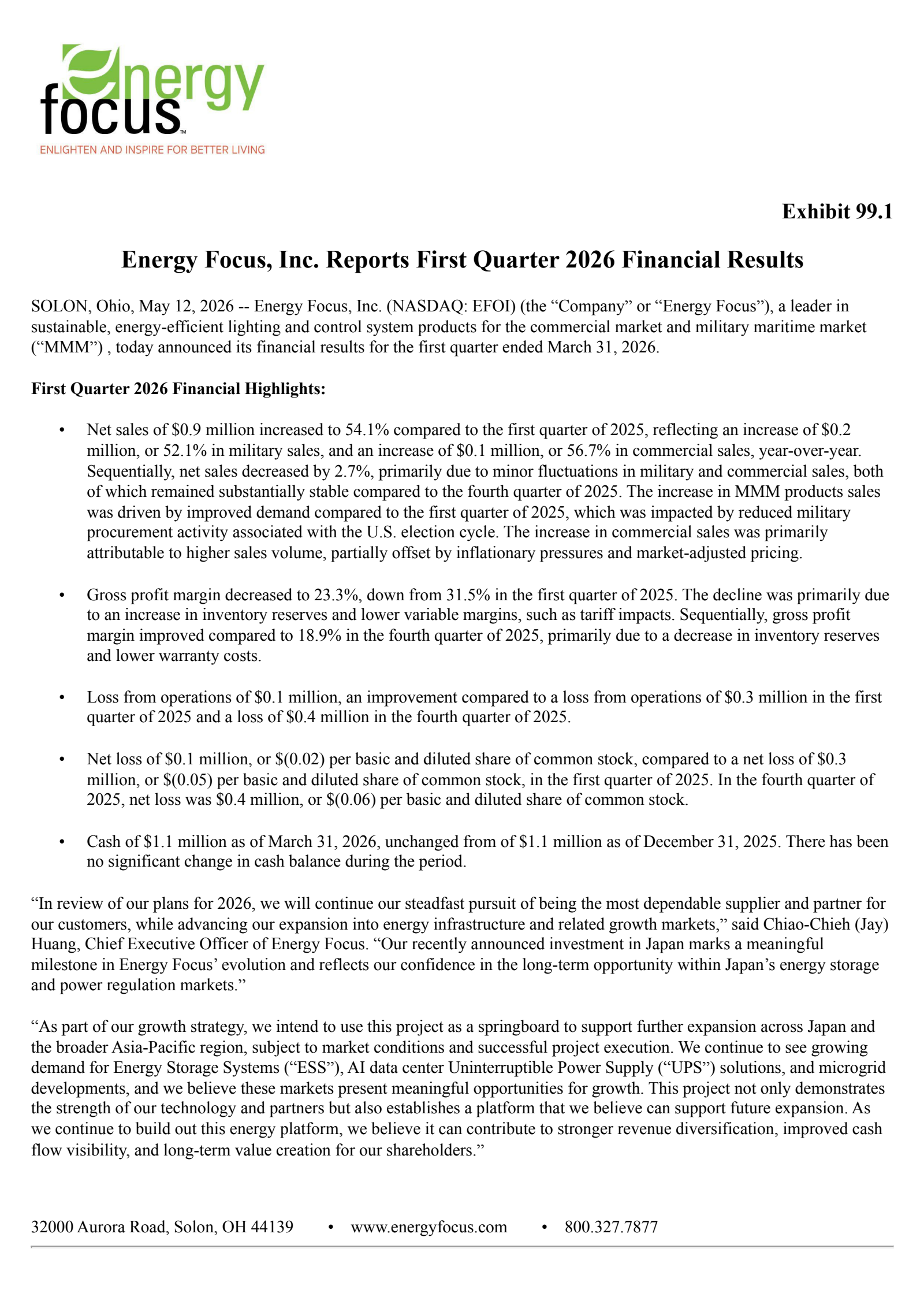 Energy Focus' Q1 2026 Press Release