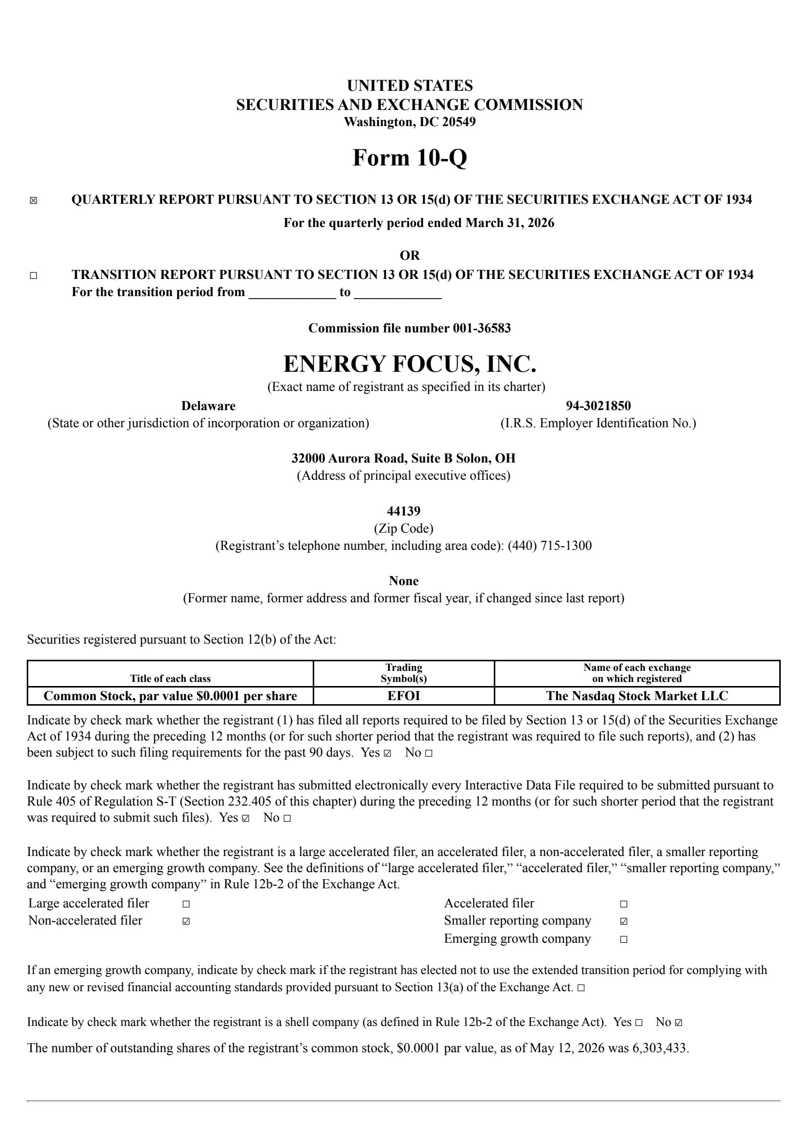 Energy Focus' Q1 2026 Quarterly report