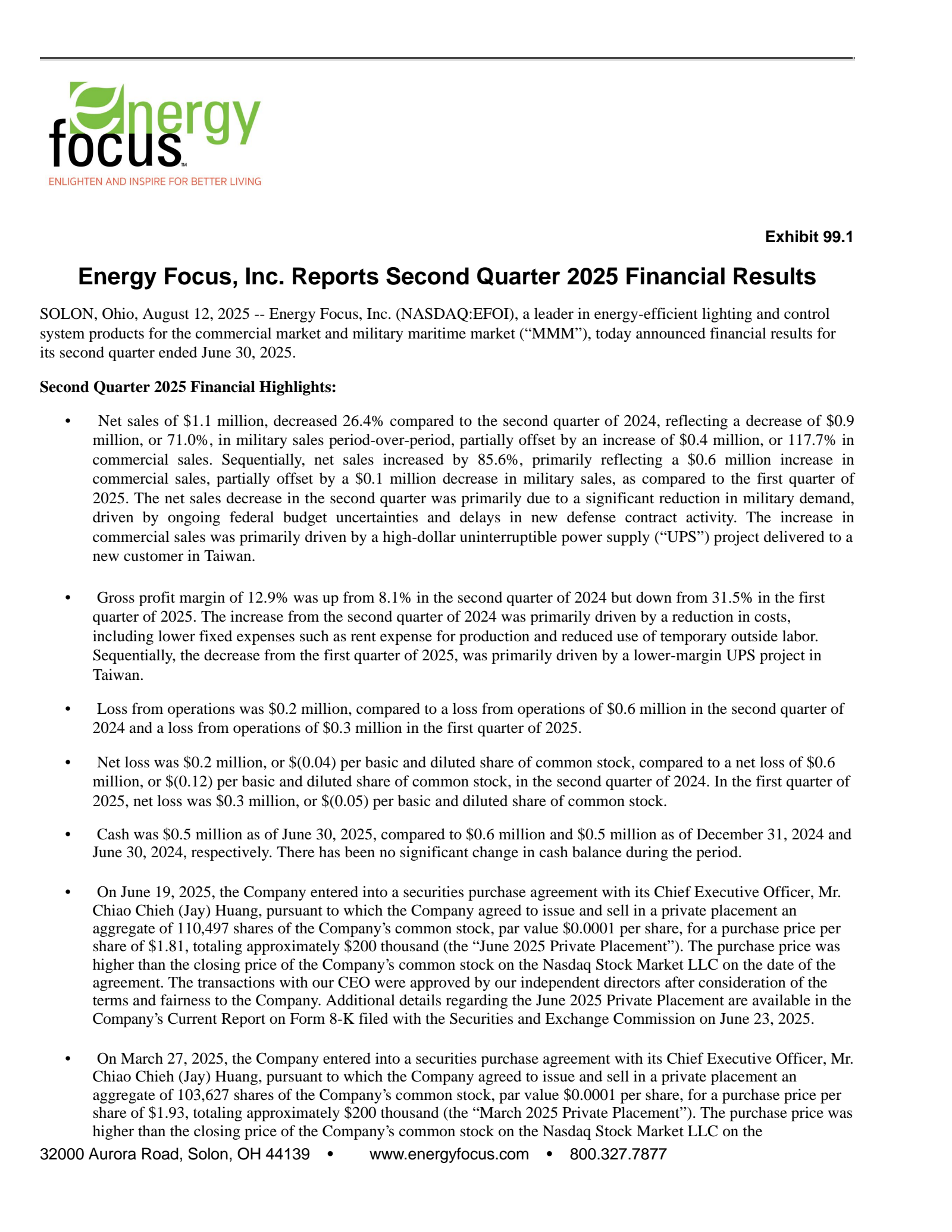 Energy Focus' Q2 2025 Press Release