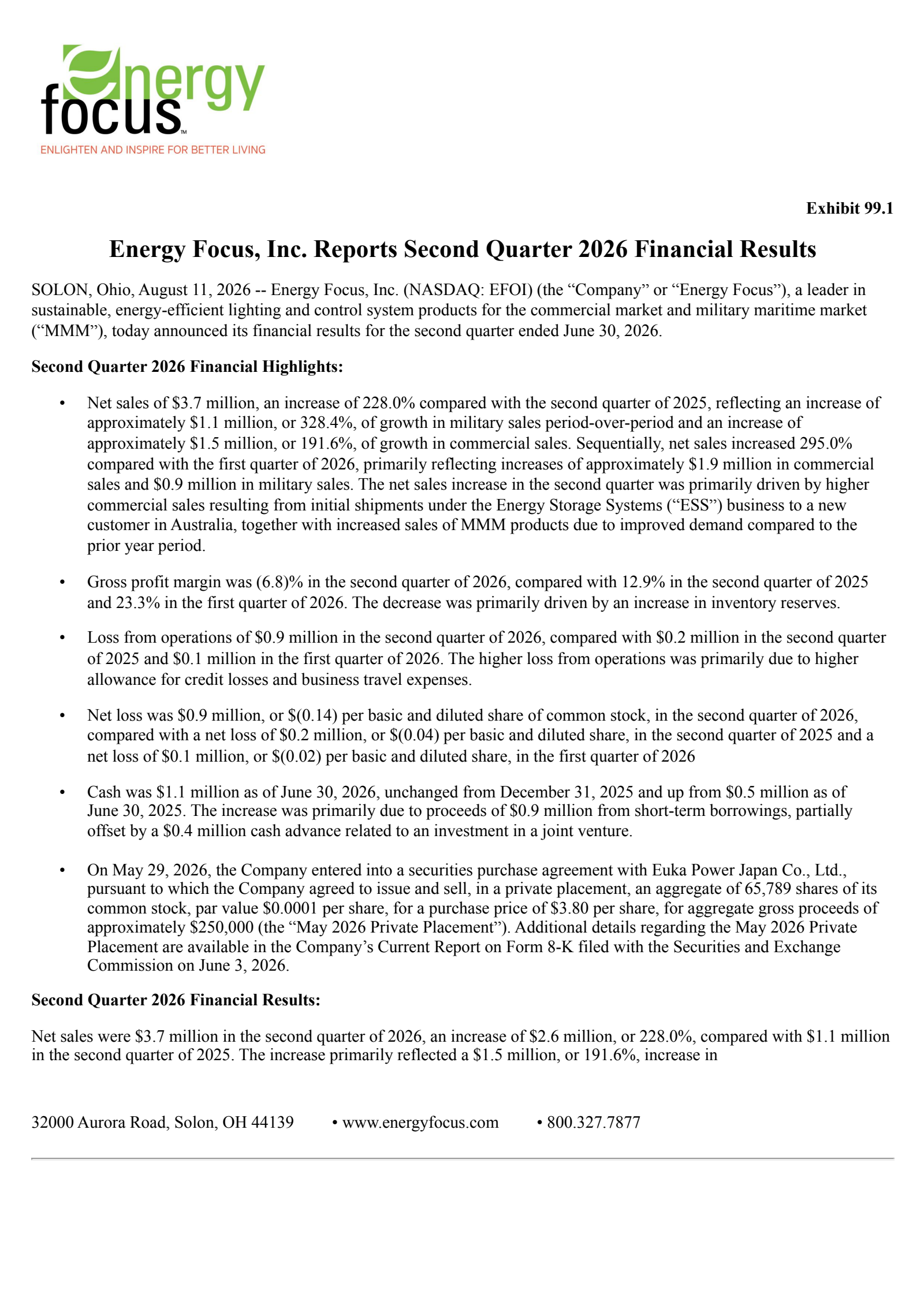 Energy Focus' Q2 2026 Press Release