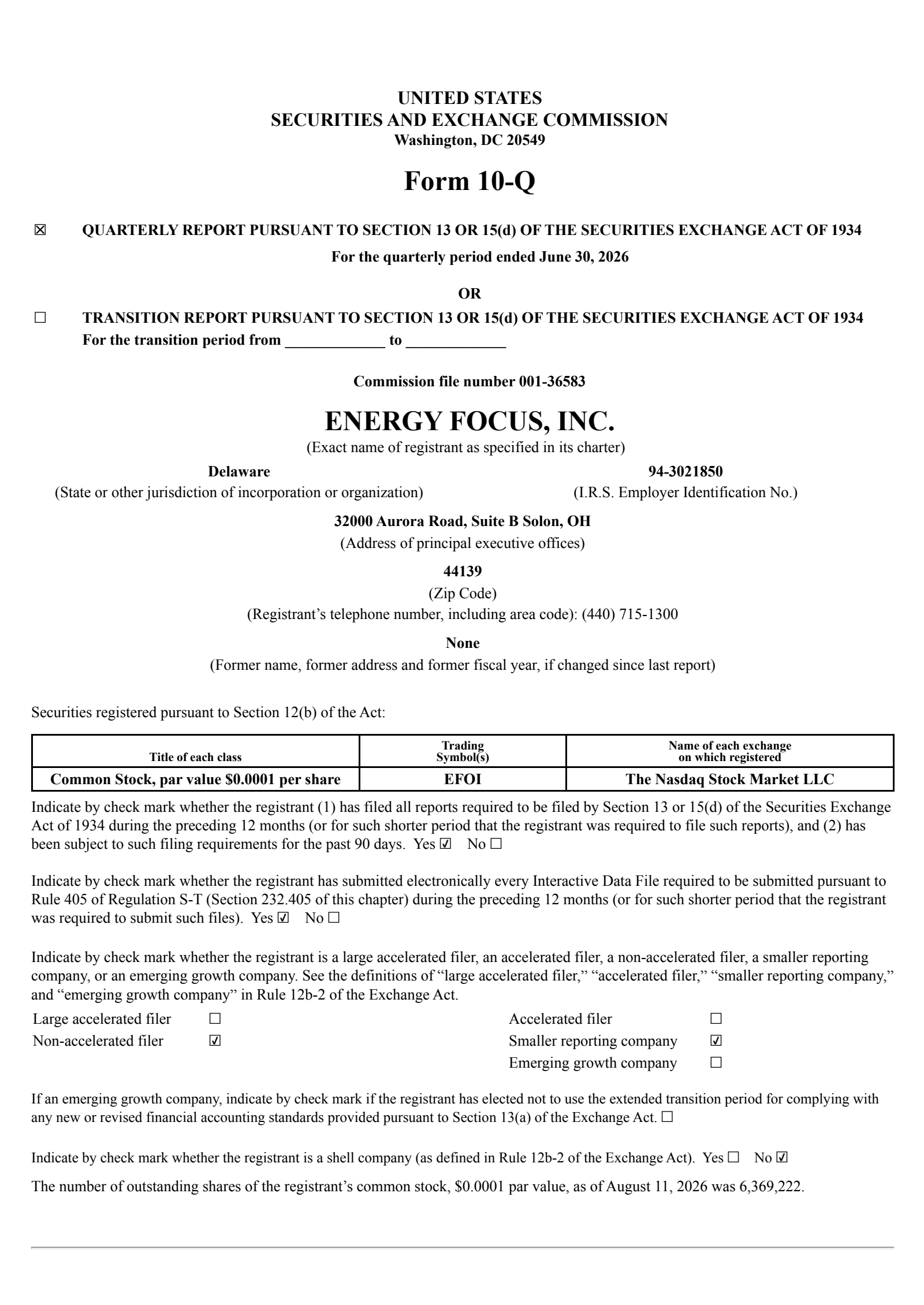 Energy Focus' Q2 2026 Quarterly report