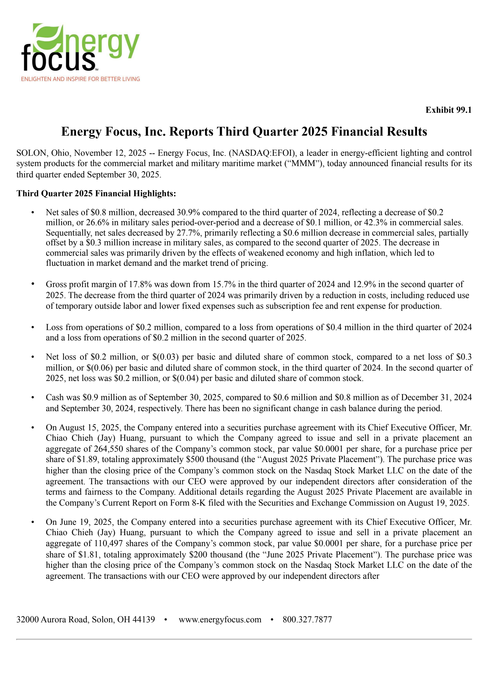 Energy Focus' Q3 2025 Earnings Release