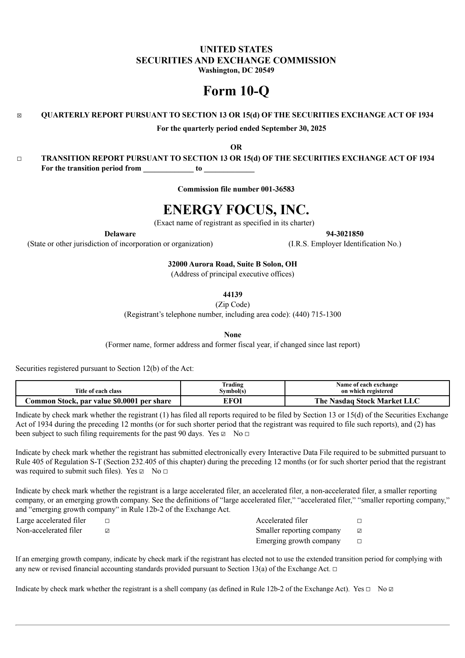 Energy Focus' Q3 2025 Quarterly Report