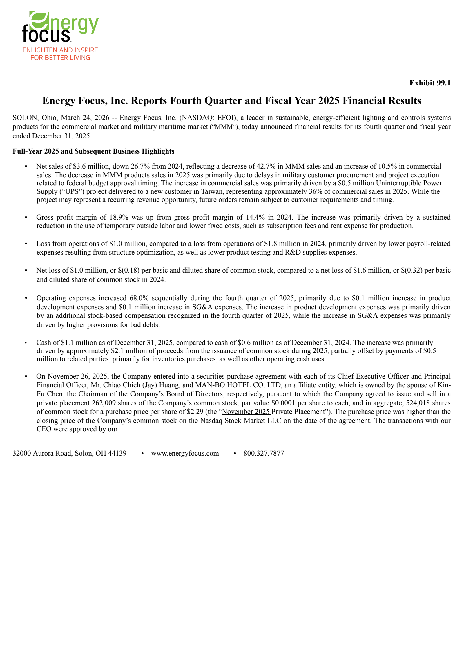 Energy Focus' Q4 2025 Press Release