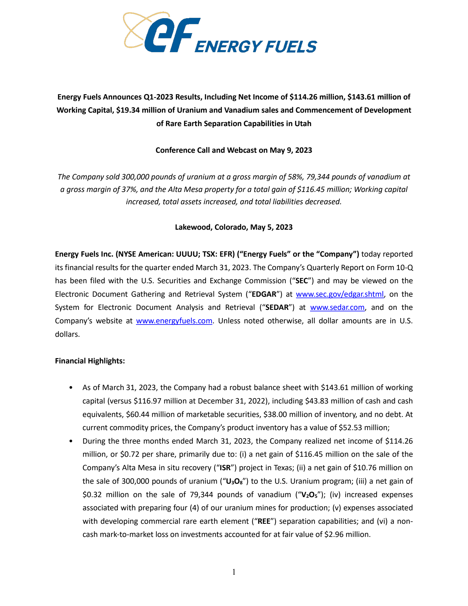 Energy Fuels' Q1 2023 Report
