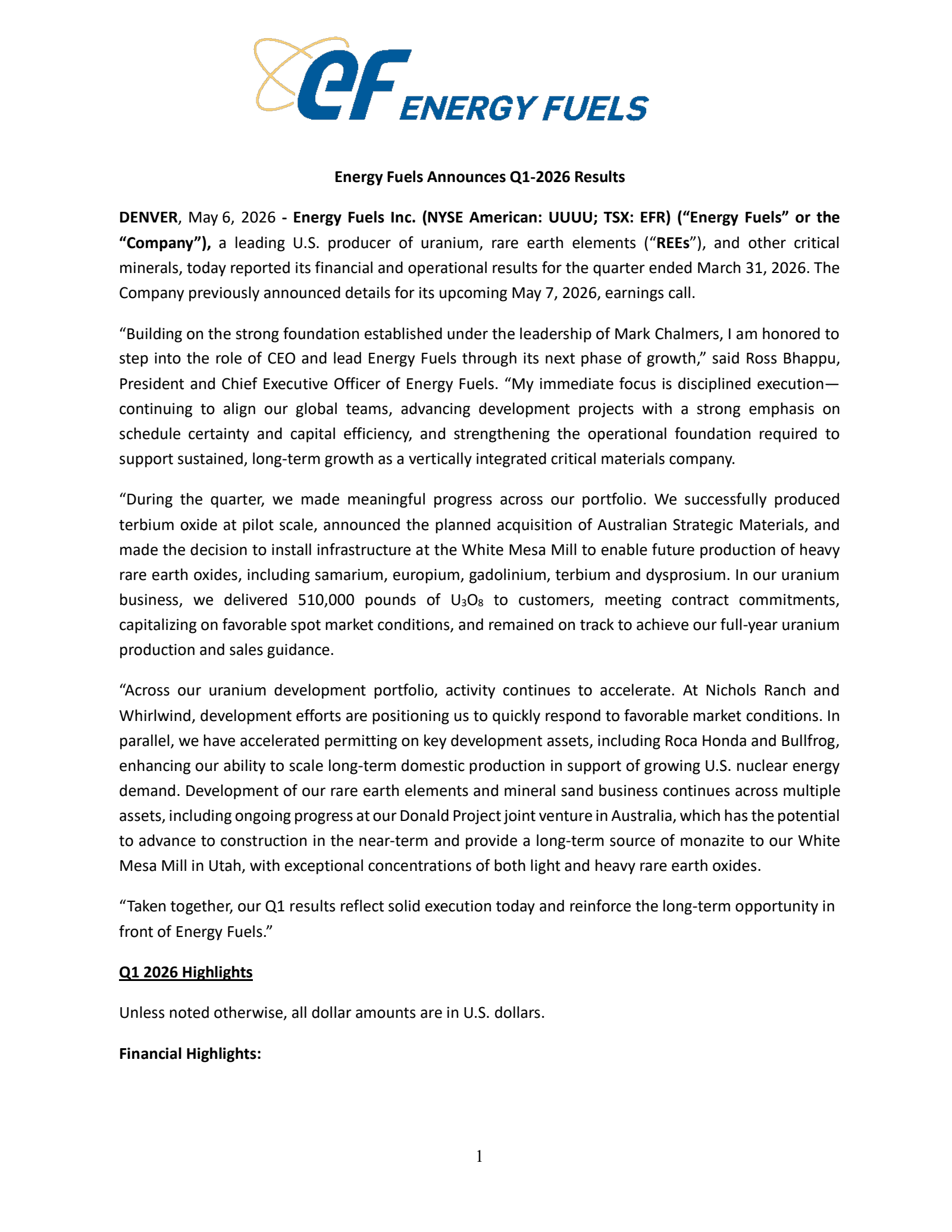 Energy Fuels' Q1 2026 Press Release
