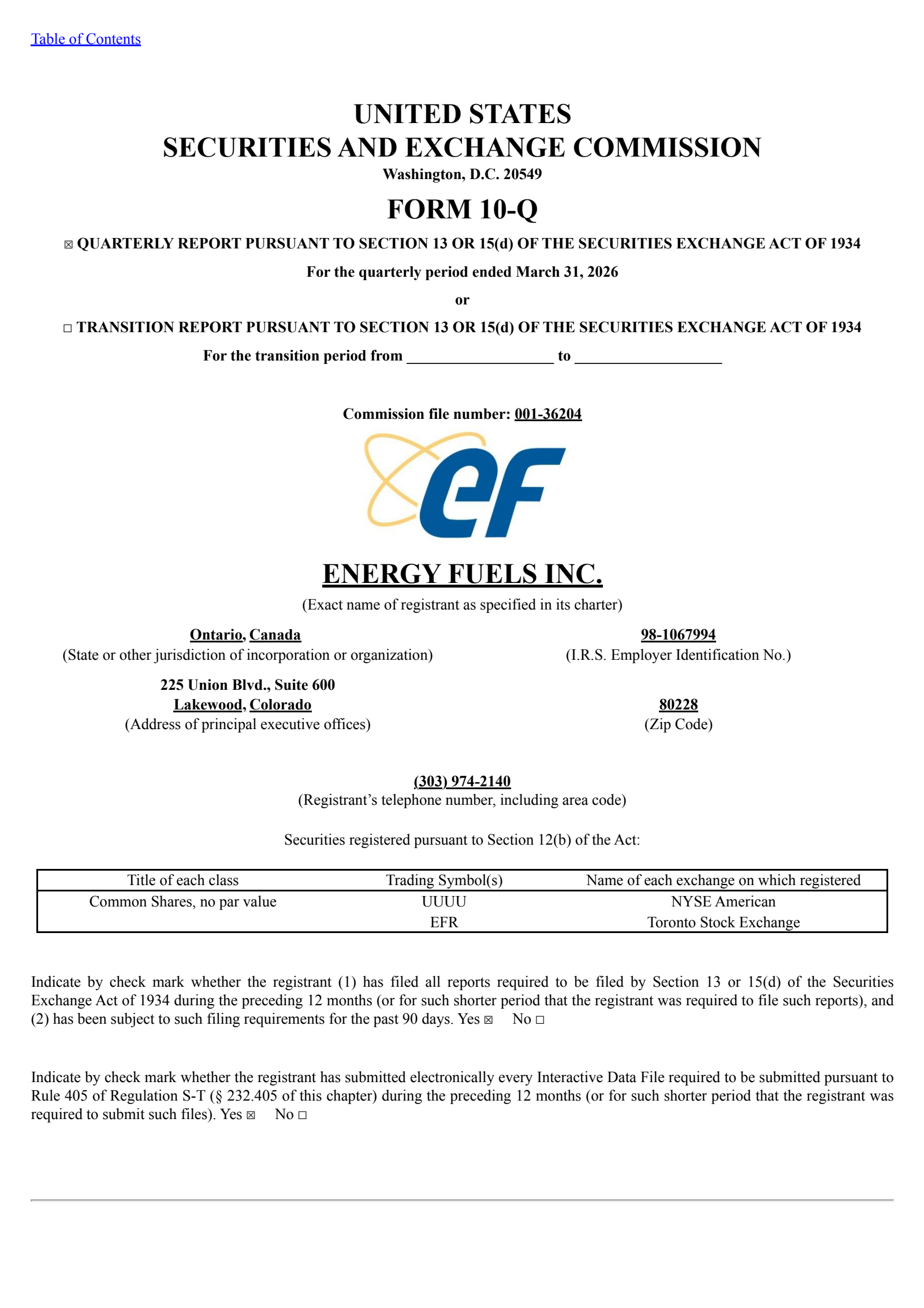 Energy Fuels' Q1 2026 Quarterly report