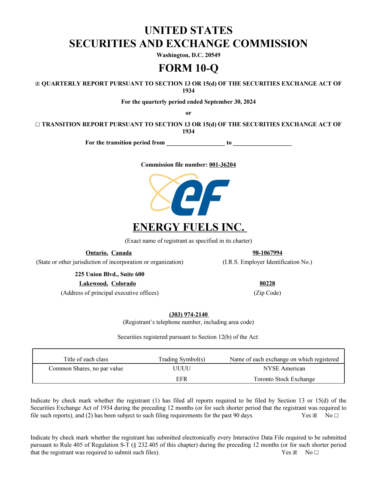 Energy Fuels' Q3 2024 Quarterly report