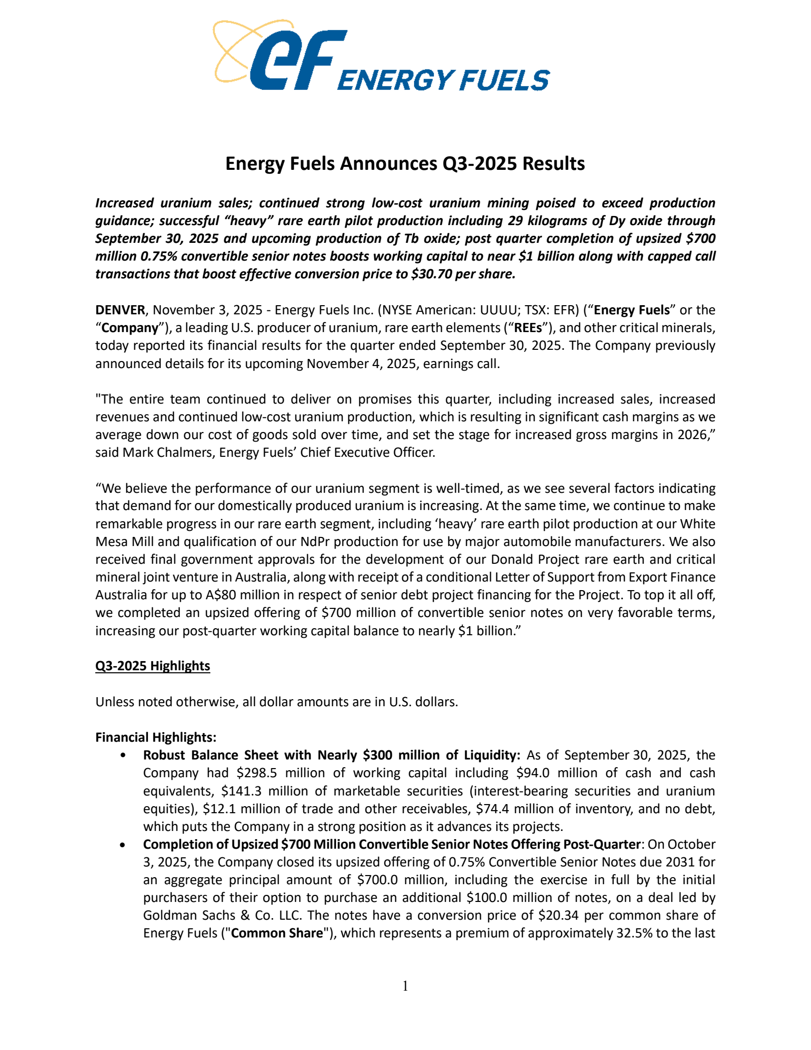 Energy Fuels' Q3 2025 Earnings Release