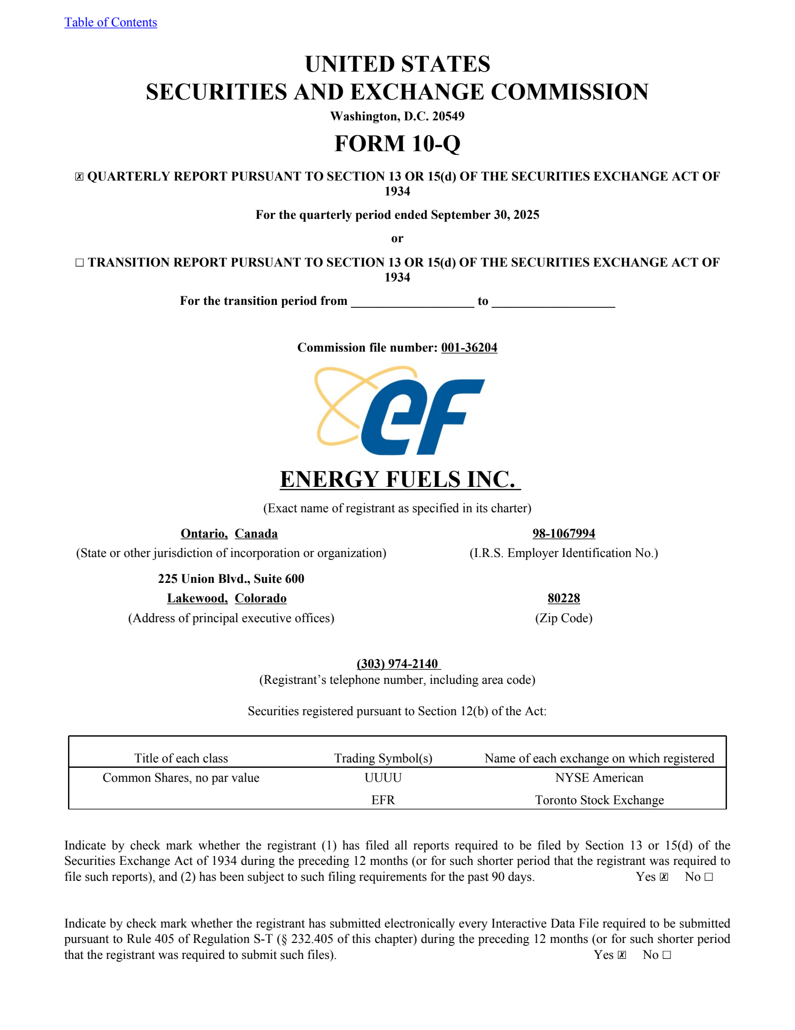 Energy Fuels' Q3 2025 Quarterly report