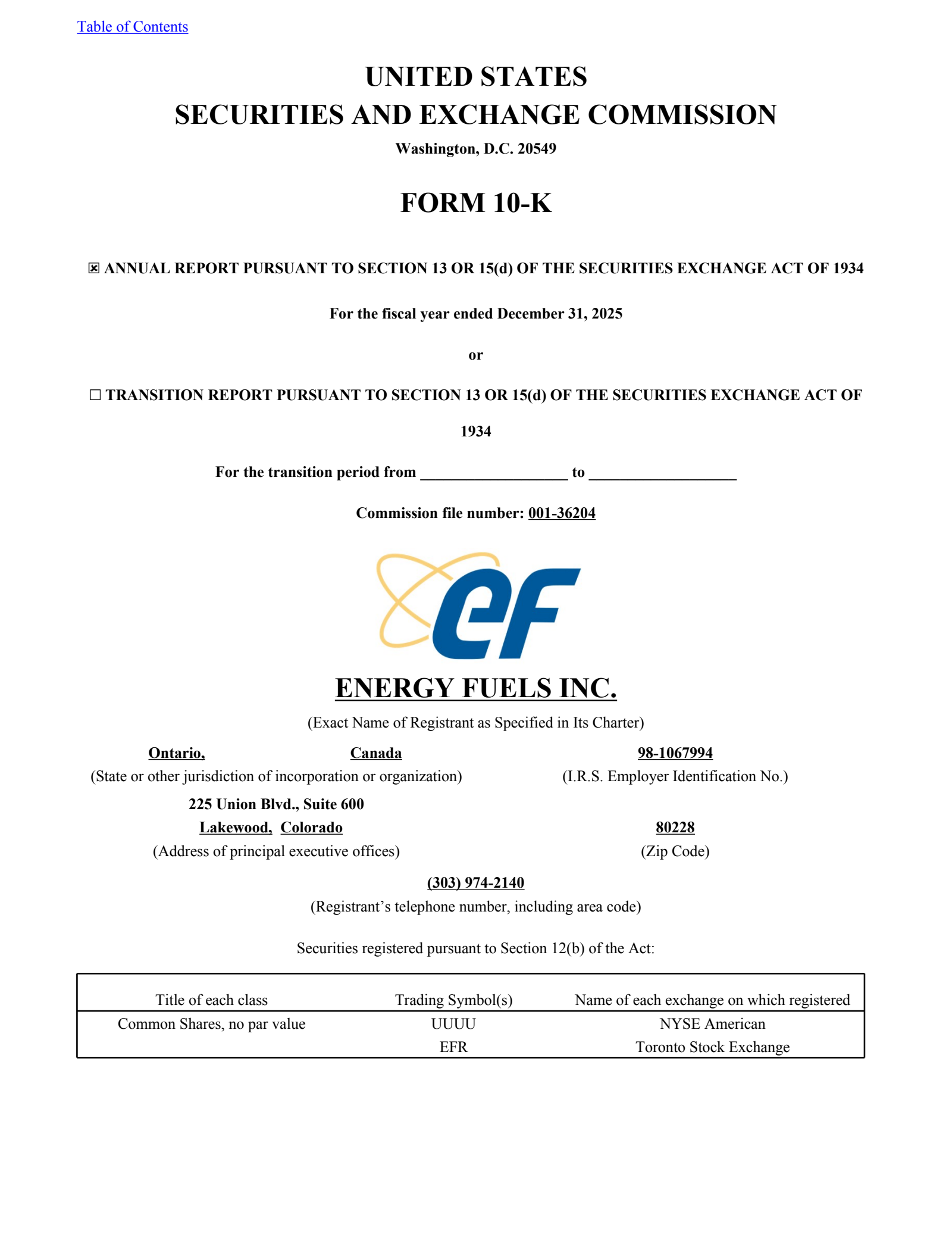 Energy Fuels' Q4 2025 Annual report