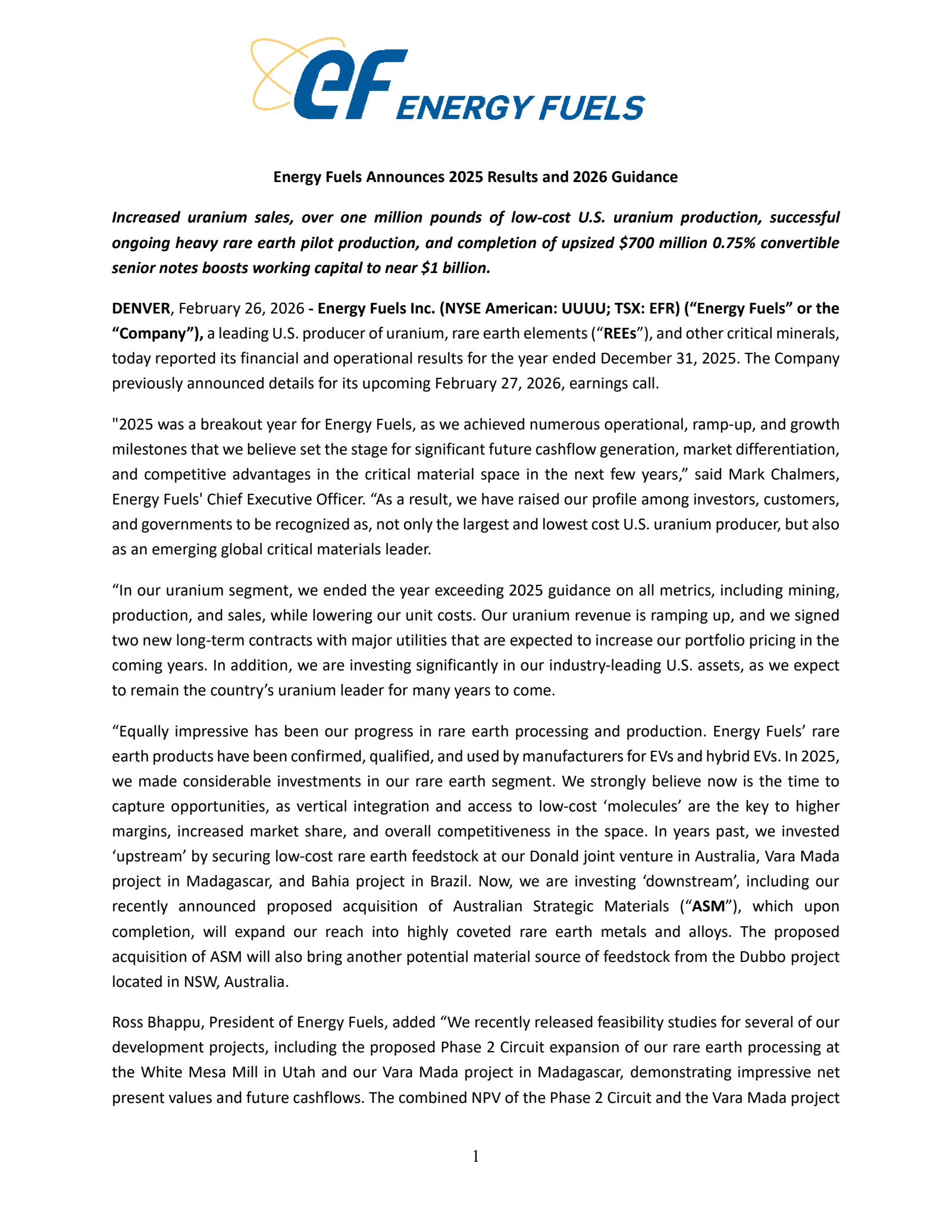 Energy Fuels' Q4 2025 Press Release