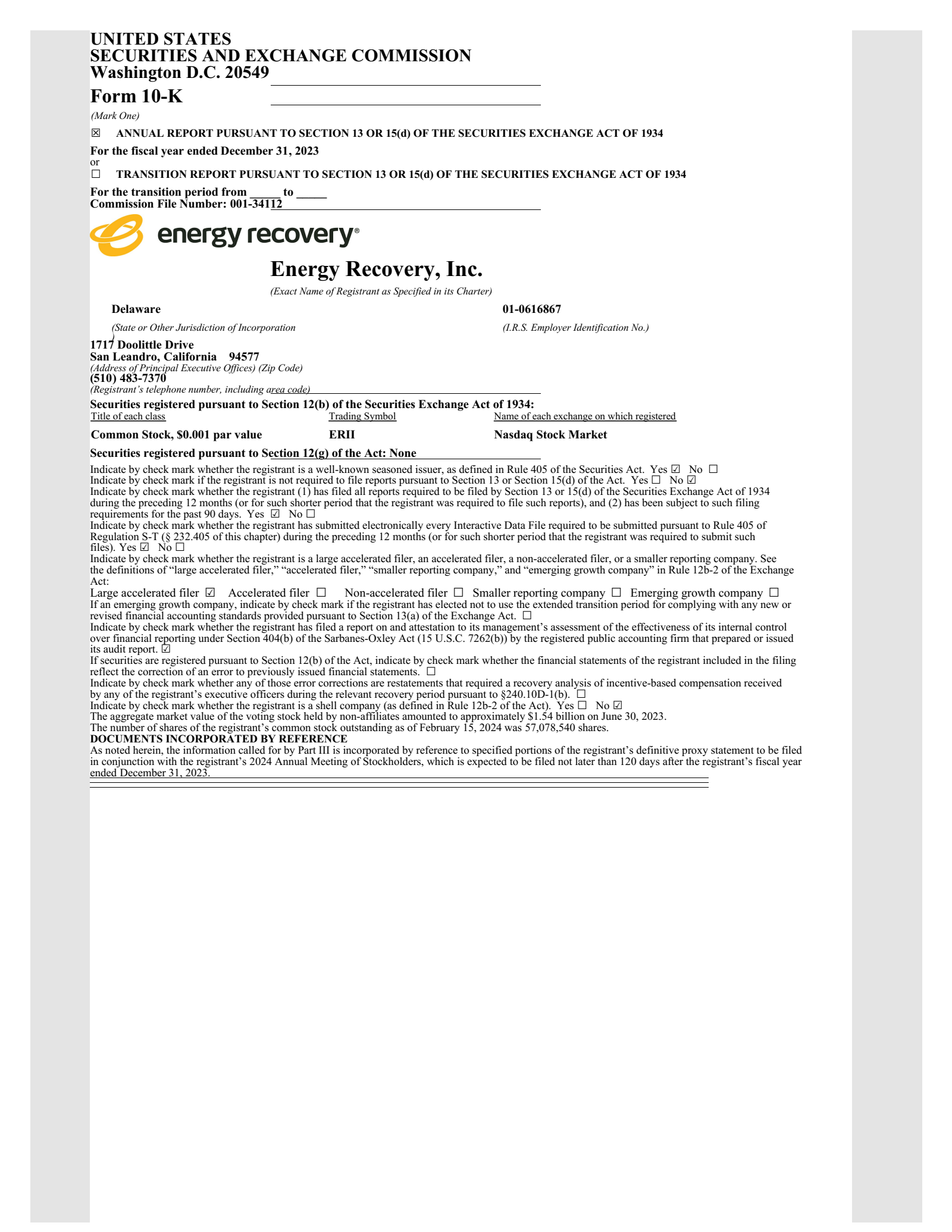 Energy Recovery's Q4 2023 Annual report