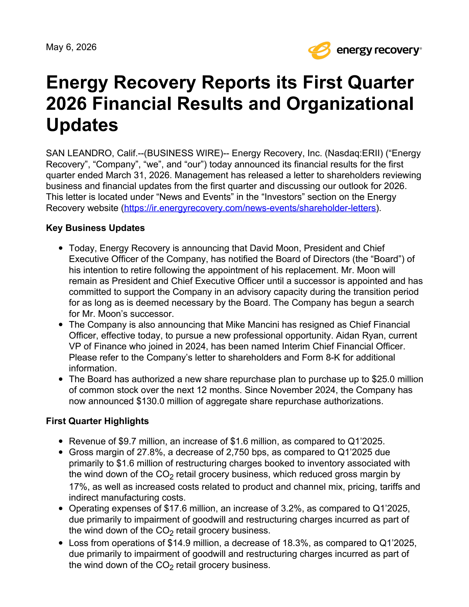 Energy Recovery's Q1 2026 Press Release