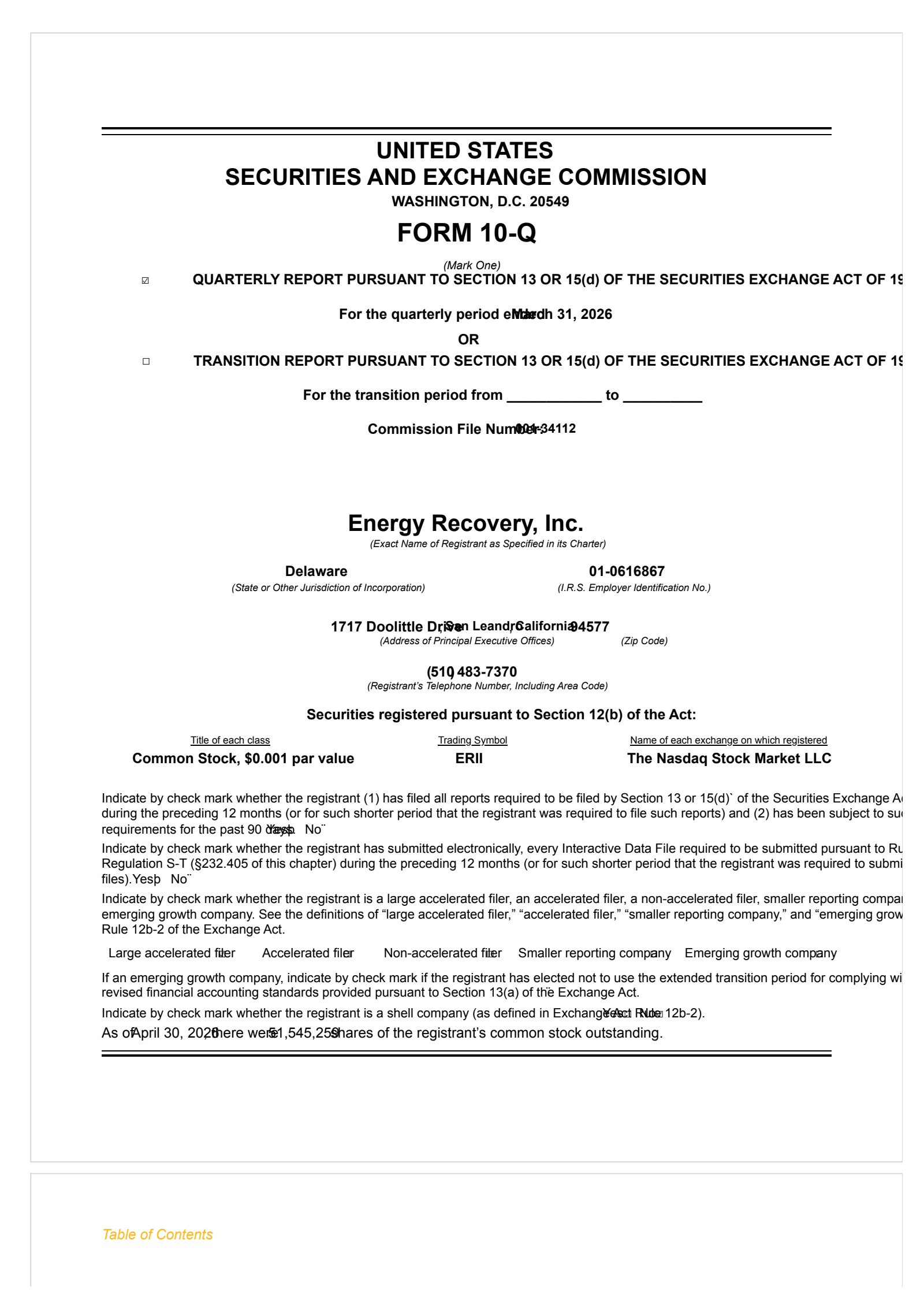 Energy Recovery's Q1 2026 Quarterly report