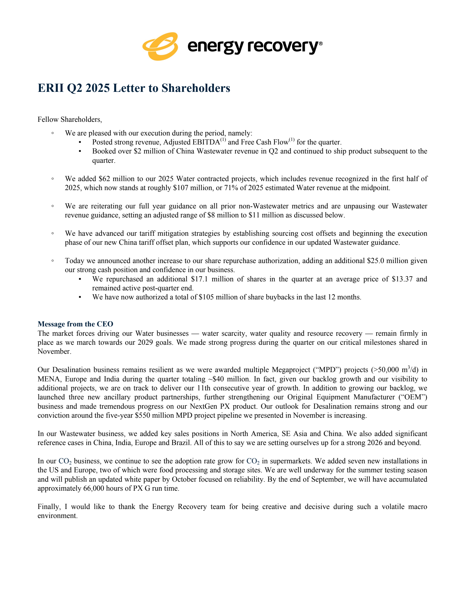 Energy Recovery's Q2 2025 Press Release